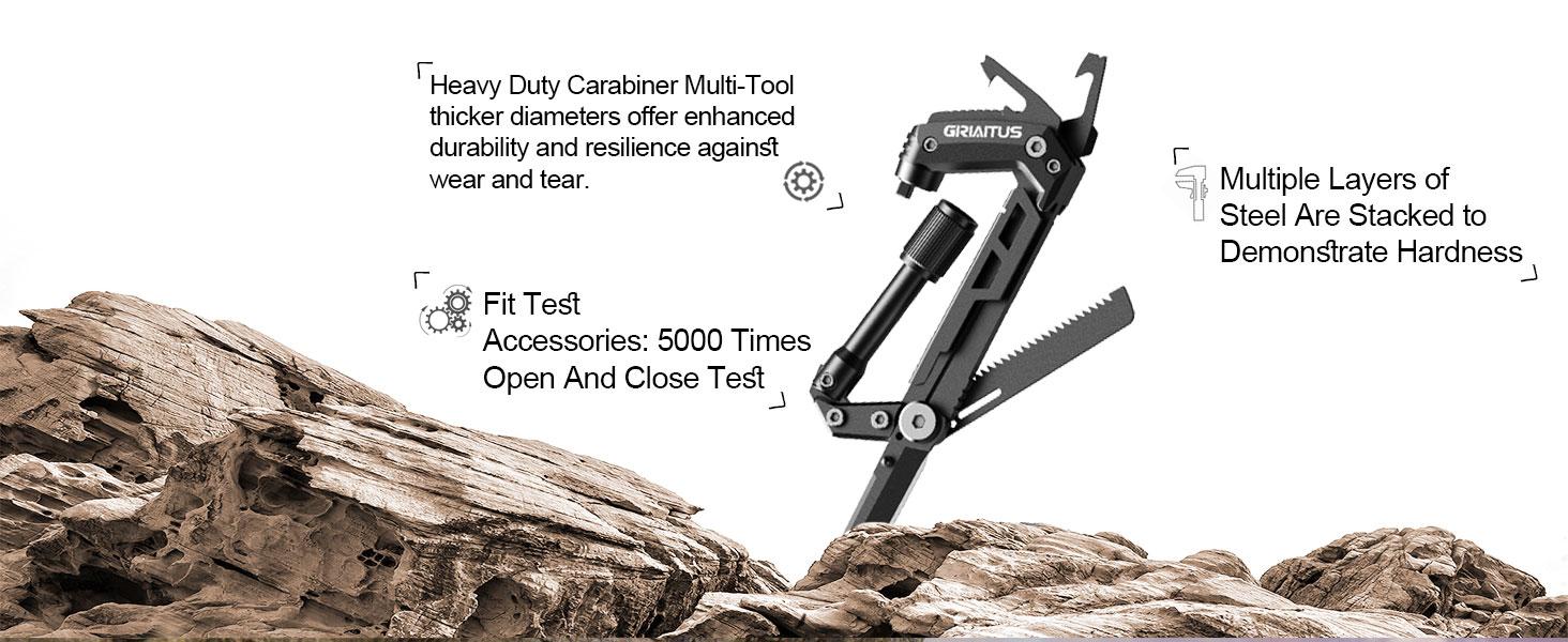 Carabiner Multitool 8-in-1 EDC With Pocket Knife, Serrated Knife, Rope Cutter, Screwdriver, Can Bottle Opener, Ruler, Survival Gear For Camping Climbing Hiking, Gifts For Men (Black)