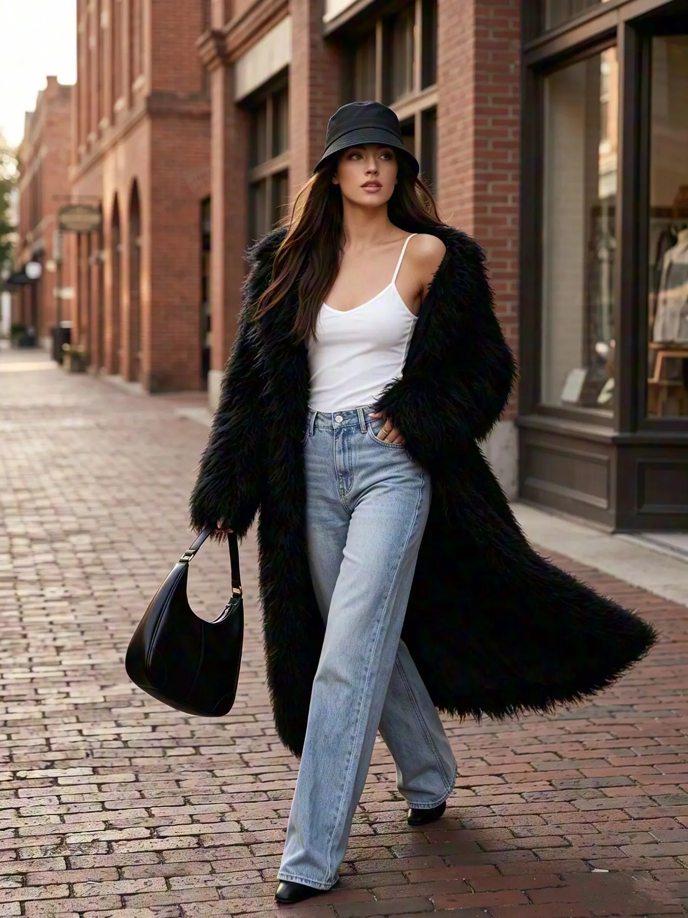 Women Black Feather‑Look Faux Fur Midi Coat, Lapel Fluffy Tassel Fall‑Winter Outerwear, Trendy Statement Jacket for Party Street Fashion Outfits
