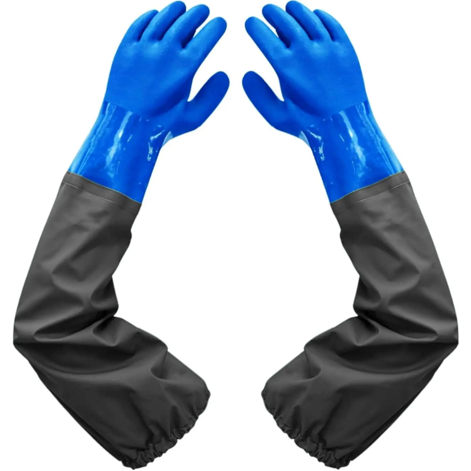 PVC Chemical Resistant, Long Rubber, Heavy Duty Waterproof Gloves for Chemical and Acid Work, 25 inches, Large-(Blue)