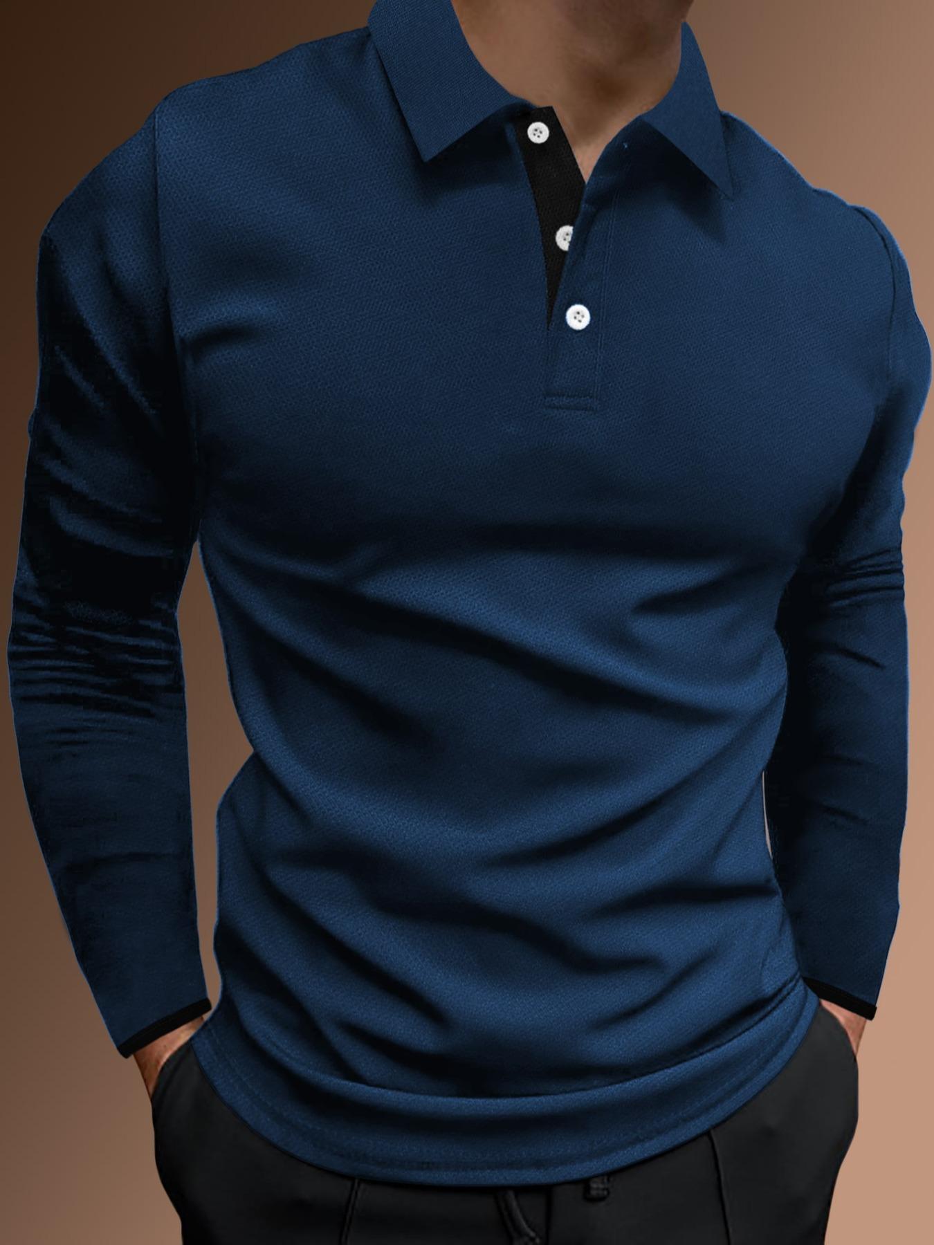 Men's Regular Fit Contrast Binding Button Front Polo Shirt, Men's Clothing Outfits, Casual Long Sleeve Half Placket Collared Top for Summer, Streetwear, Menswear for Daily Wear, Polo Tees