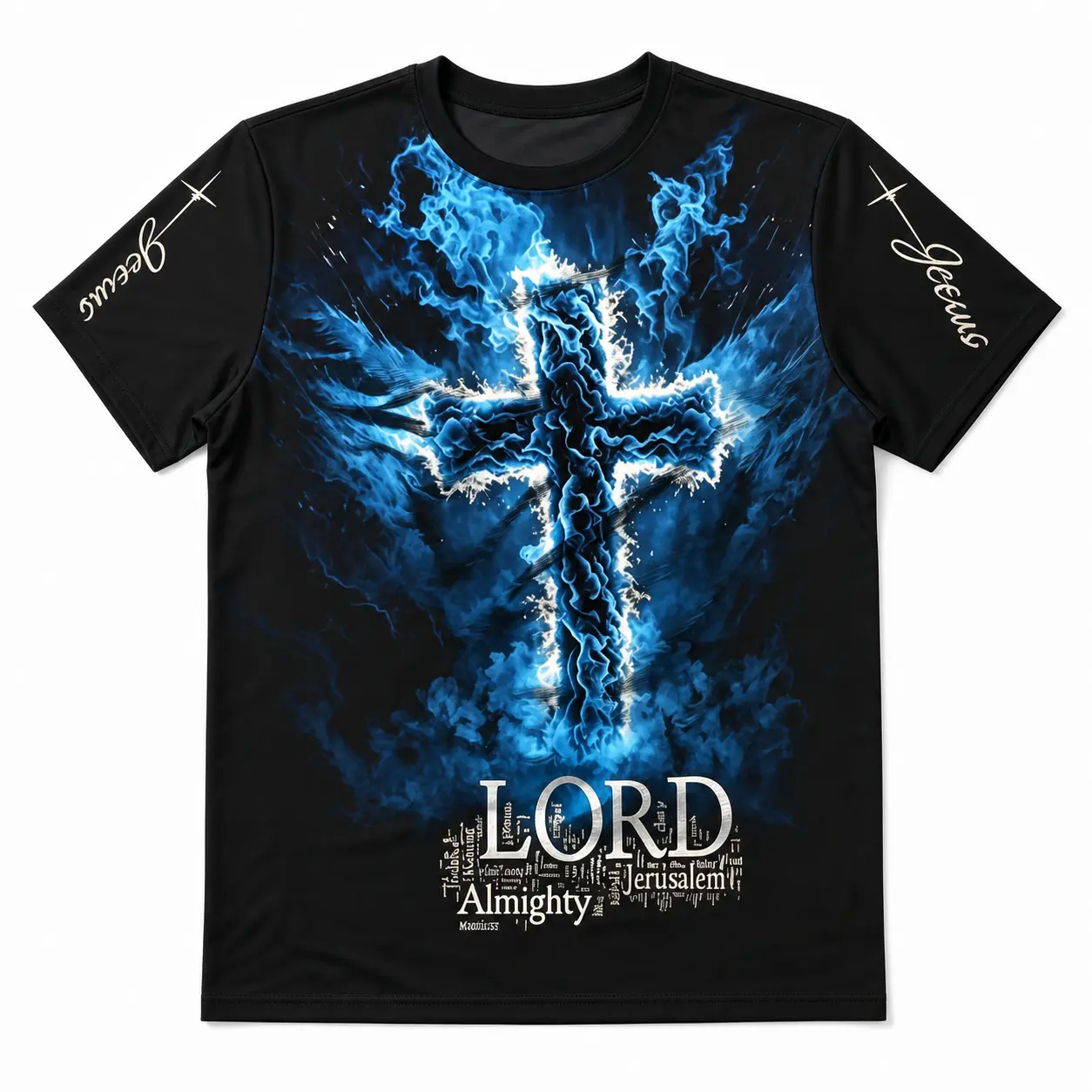 Men's electric blue cross with Lord Almightylettering Graphic T-Shirt, Short Sleeve CrewNeck All Over Print Tee, Casual Statement Top,Lord Almighty shirt, Christian cross graphic tee,Jesus faith T-shirt, religious streetwear, churchgift