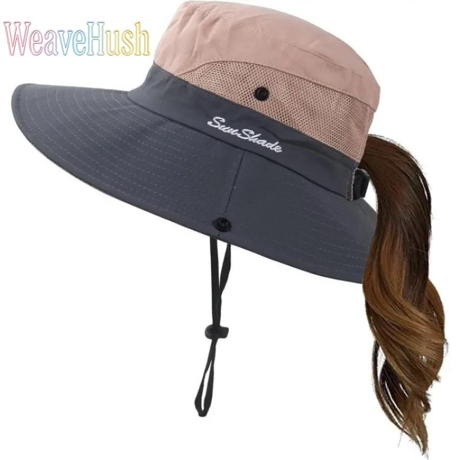 2026 Trendy Women's Wide Brim Ponytail Sun Hat, Foldable UV Protection Beach Cap with Stylish Breathable Mesh & Adjustable Chin Strap, Lightweight Packable Sun Shield Perfect for Fishing, Hiking, Gardening & Summer Outdoor Activities