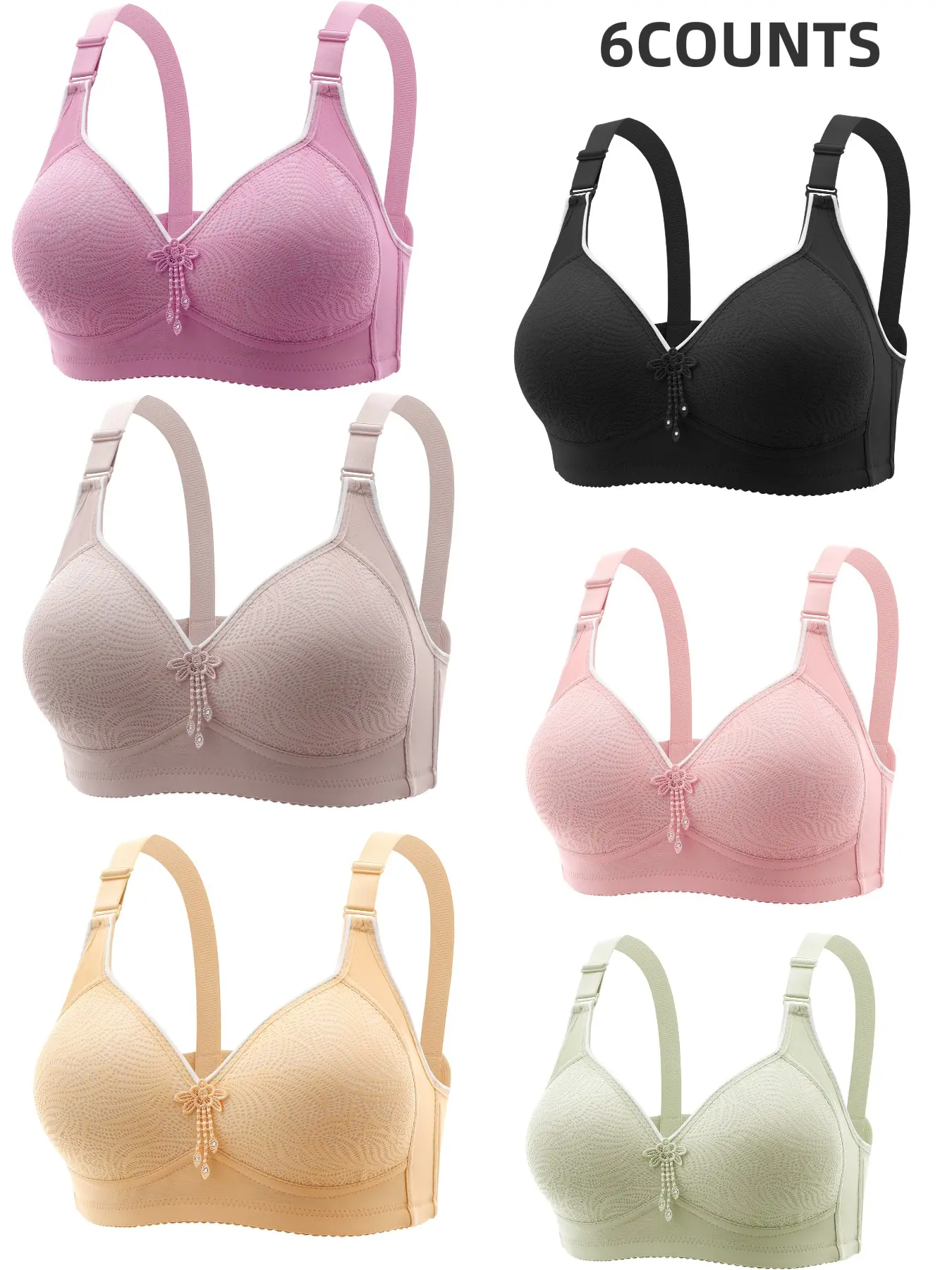 6-Pack Women's Lace Wireless Push-Up Bras, Seamless Comfort Fit, Daily Wear Underwire-Free Bra, Breathable Soft Fabric, Full Day Support