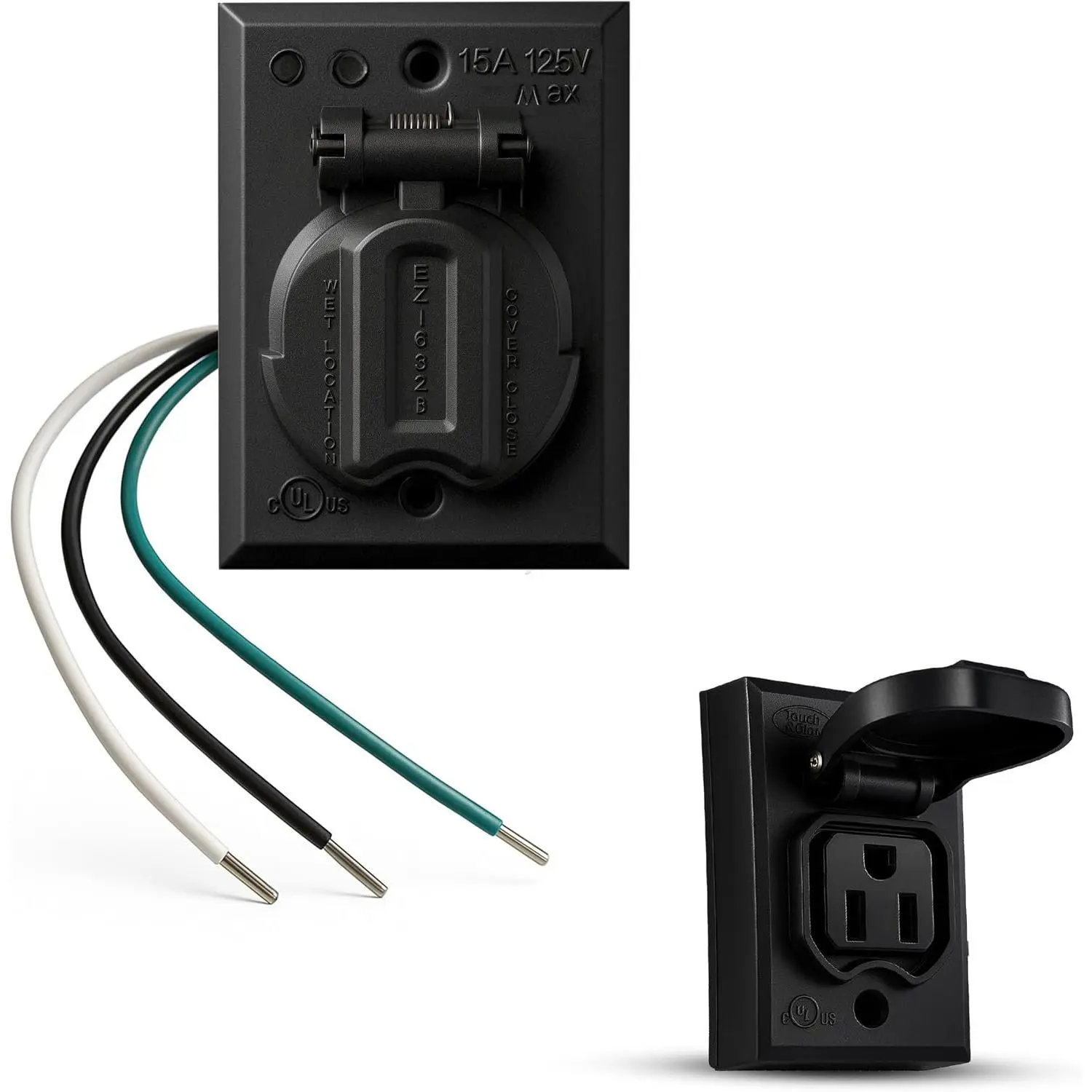 Three Prong Grounded Outlet - 120V Plug Adapter - 15 Amp Power Outlet - Weather Resistant Electrical Socket for Outdoor Equipment  Lamp Posts - Safe  Reliable (EZ-682B, Black)