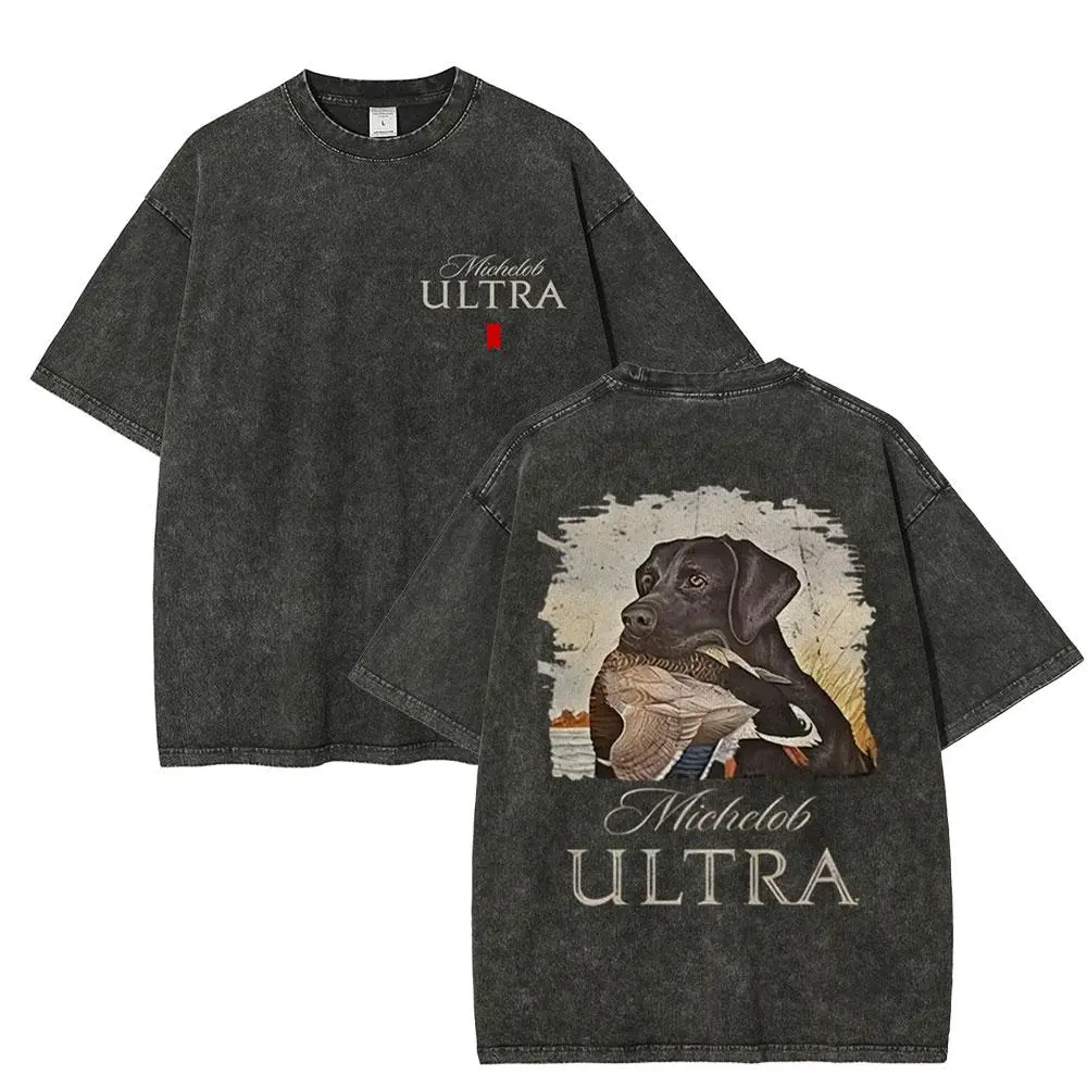Michelob Ultra-Mallard and Dog T-Shirt -2- Sided Desian-Versatile Unisex Casual Wear - Cool Graphic Tee for Men-Menswear-Gift fol Beer Lovers and Michelob Ultra Fans Round Neck Classic Clothes Cotton Fabric Soft -- fleece Crewneck Tshirt