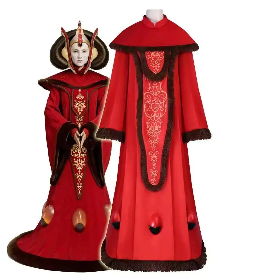 Padme Cosplay Red Long Dress Queen Outfit Fantasy Costume Adult Women Robe Cape Outfits Halloween Carnival Party Suit