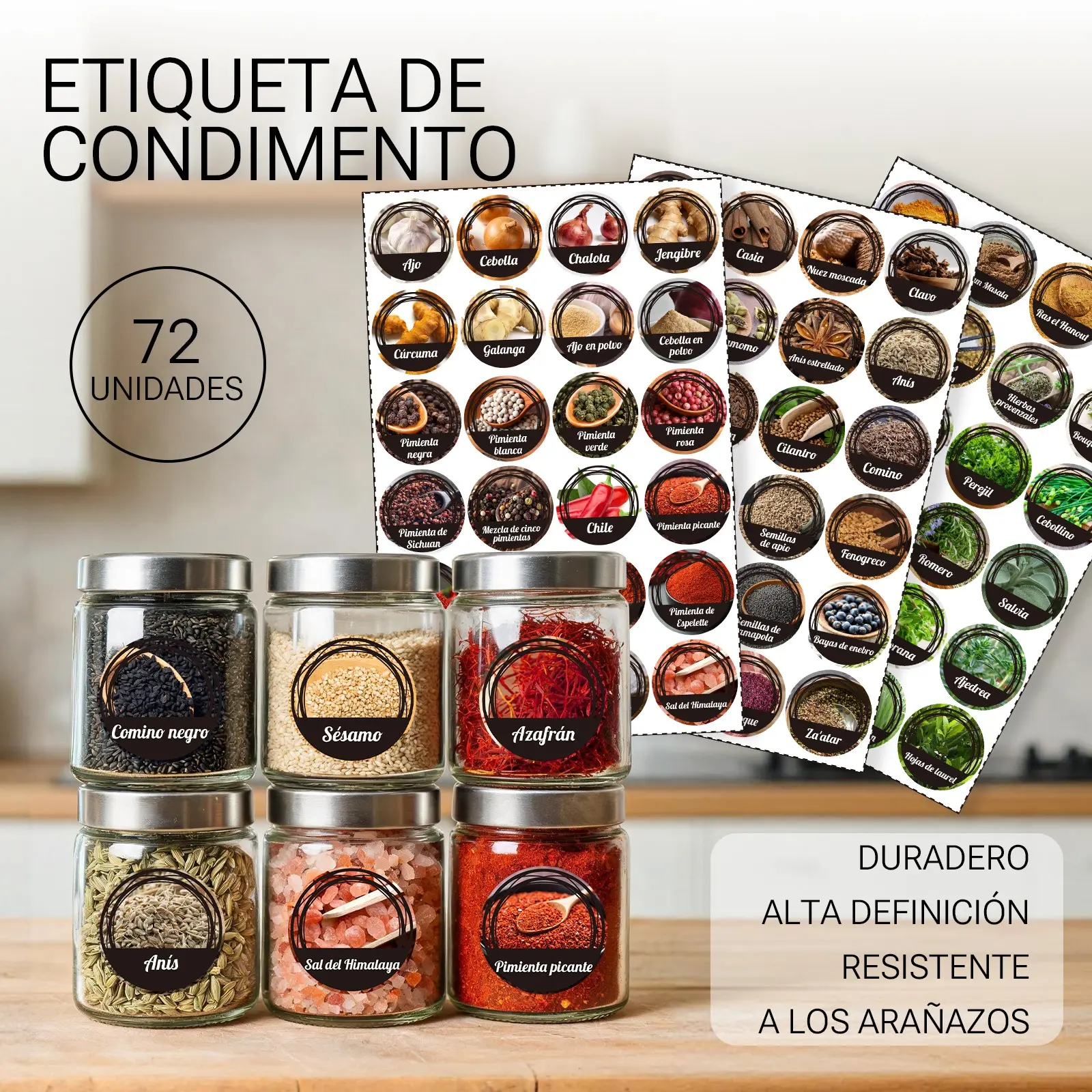 Spanish Spice Jar Labels Stickers, 72 Pcs Round Vinyl Stickers Set, Waterproof Scratch Resistant, Removable No Residue, Decal Sticker