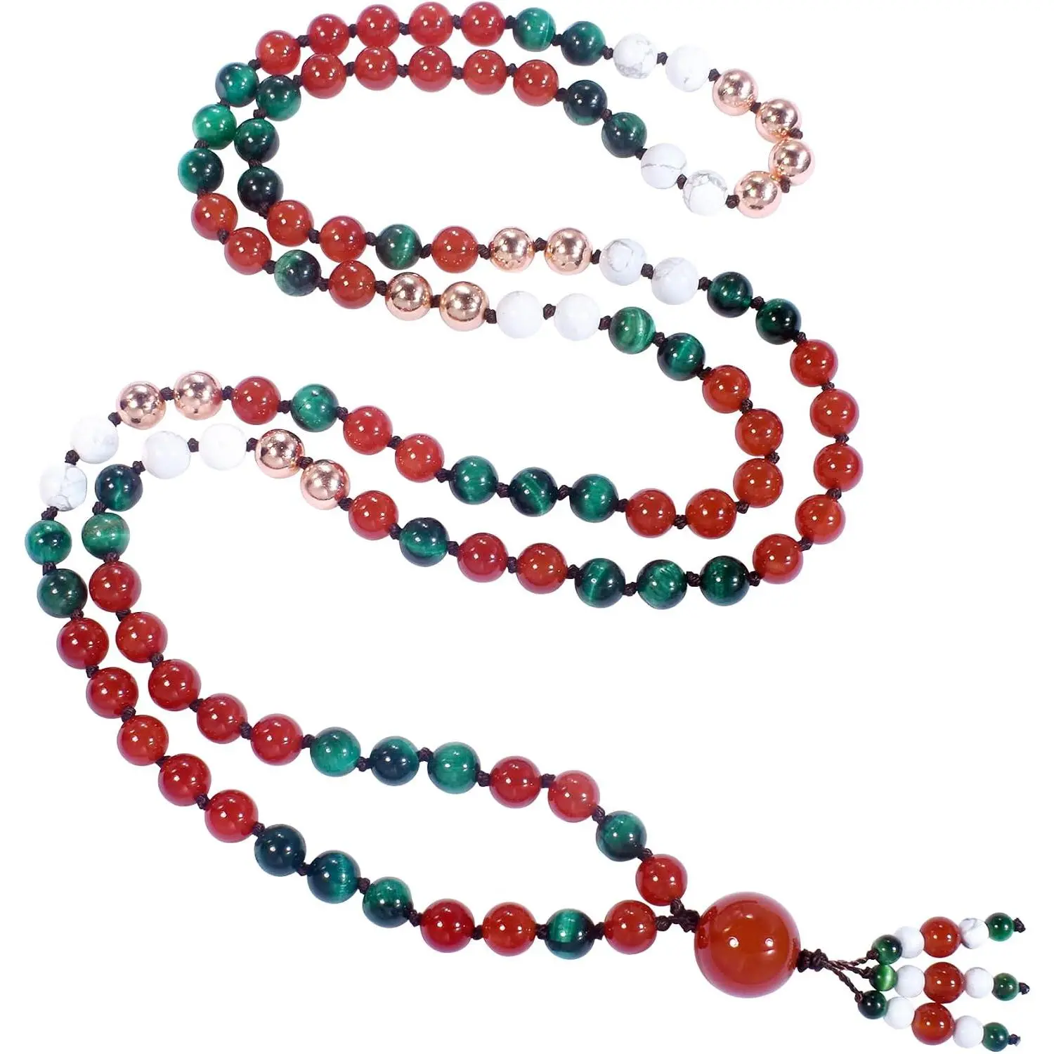 108 Mala Beads Genuine Semi-Precious  Hand Knotted 8MM Prayer Beads Long Multicolor Necklace 40 Inches