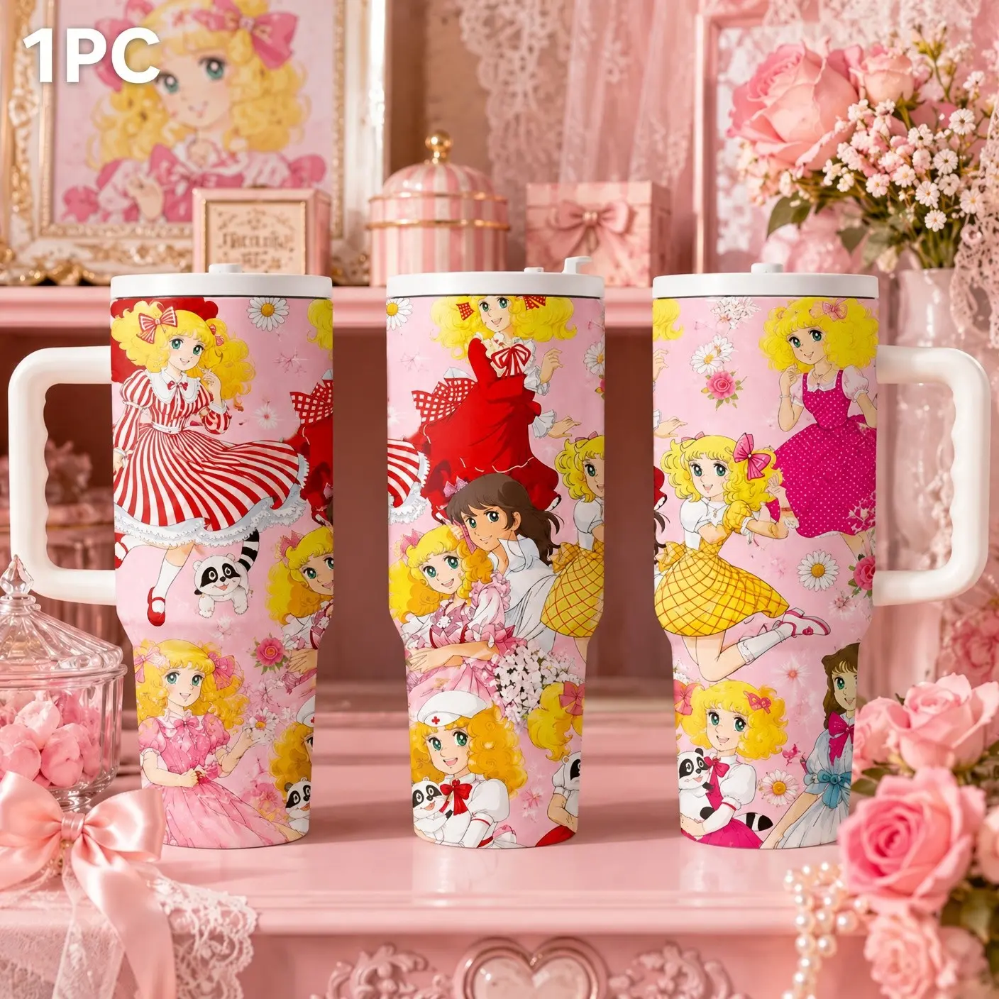 Anime Girl Tumbler 40oz, Cute Vintage Kawaii Character Cup, Insulated with Handle Lid Straw, Aesthetic Gift Drinkware