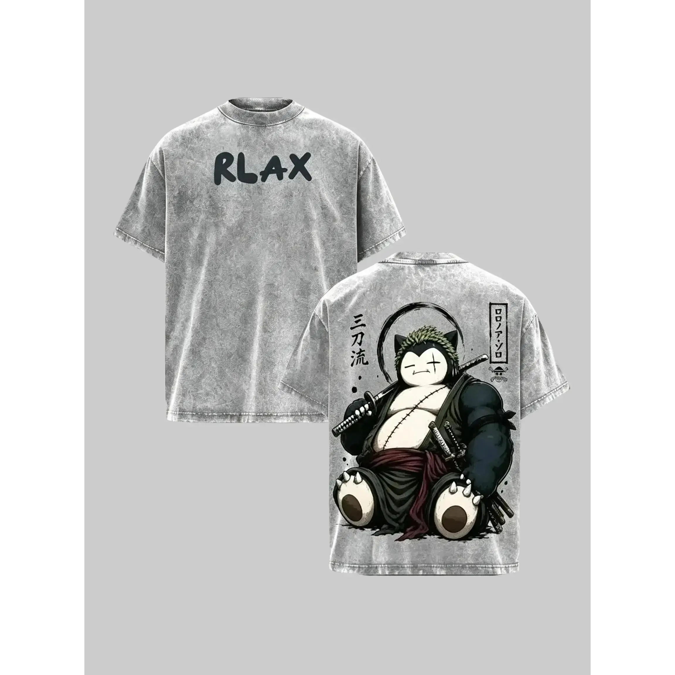 Vintage Acid Wash Gray T-Shirt One Piece Zoro Three Sword Style RLAX Cute Monster Anime Graphic Oversized Short Sleeve Tee