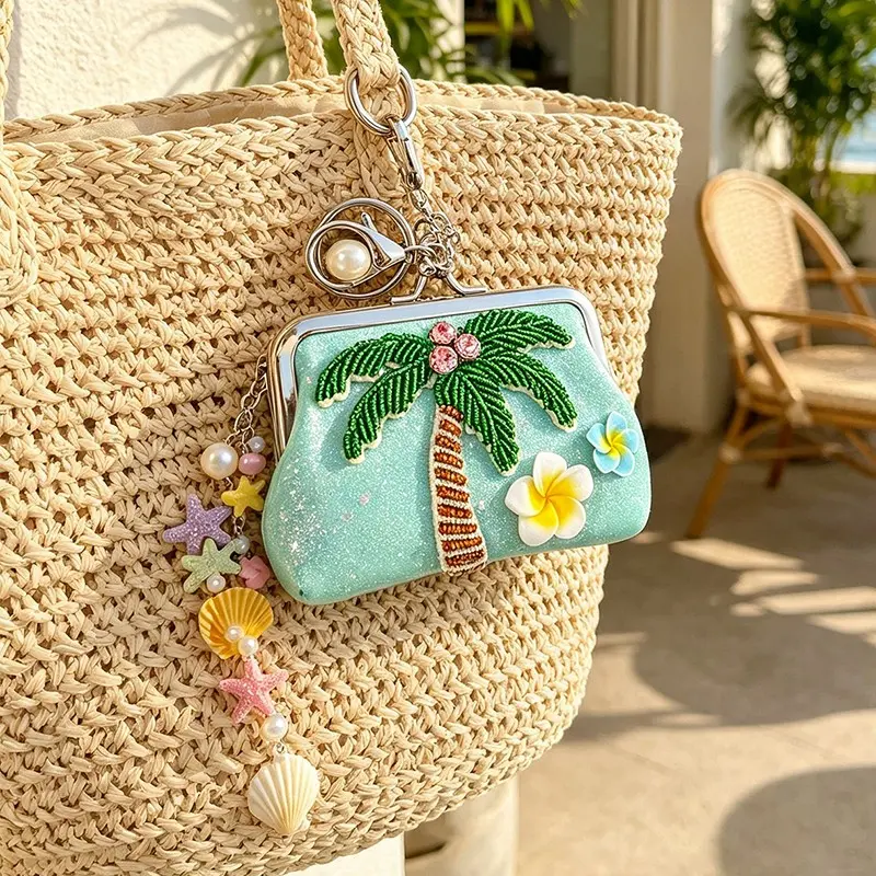1Pc Sparkly Turquoise Tropical Palm Tree Coin Purse, Beaded Coin Pouches, Beaded Plumeria Flower Kiss Lock Mini Wallet, Seashell Starfish Pearl Keychain Bag Charm, Summer Beach Holiday Women’s Accessory