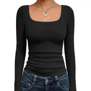 Womens Long Sleeve Shirts Crop Tops Fall Fashion Solid Square Neck Going Out Basics Tees Y2k Clothes