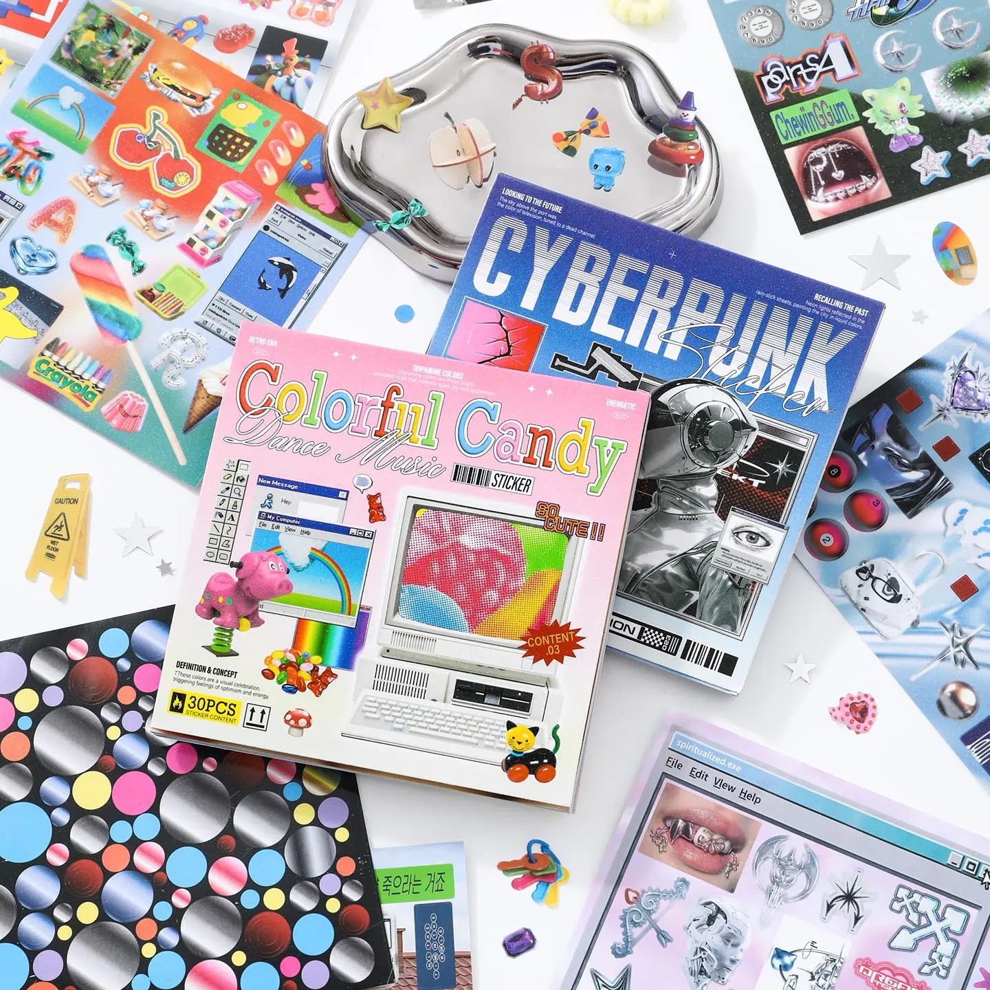 30 Sheets Y2K & Cyberpunk Sticker Book| Retro-Futuristic Aesthetic Scrapbook Kit with Glitter & Matte Finishes