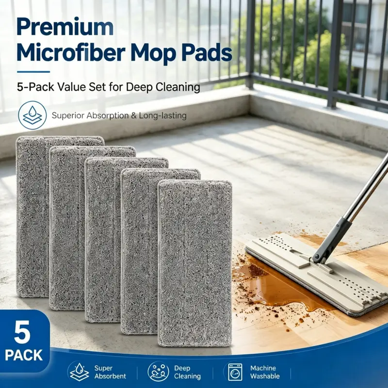 Deep Cleaning Microfiber Flat Mop Pads 5 Pack Long Lasting Absorbent Washable Replacement Mop Heads For All Floor Surfaces Reusable Mop Pads