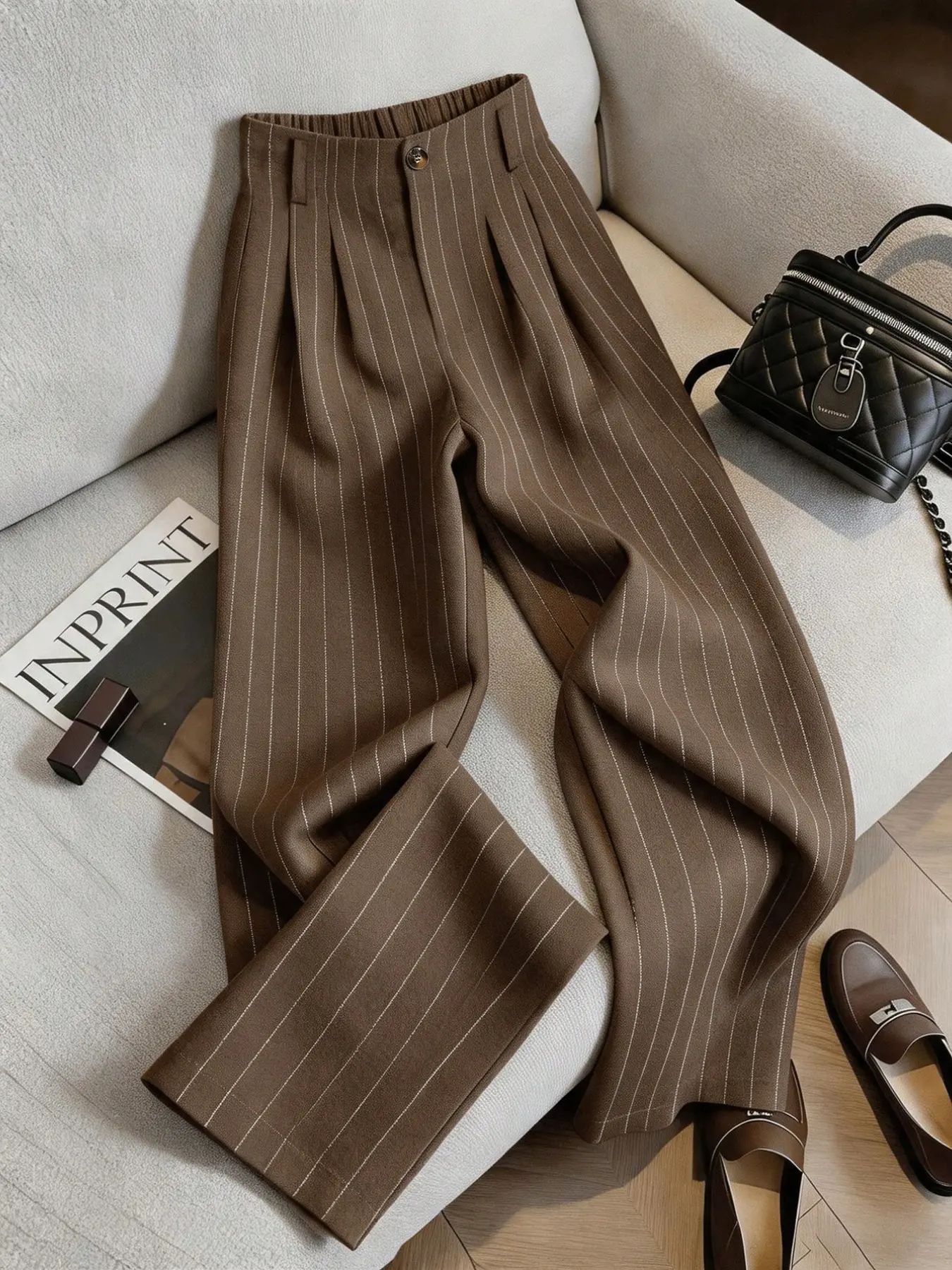 Women's Vertical Stripe Suit Pants, High Waist Pleated Back Elastic Waist Straight Leg Long Pants, Business Casual Loose Fit for Fall