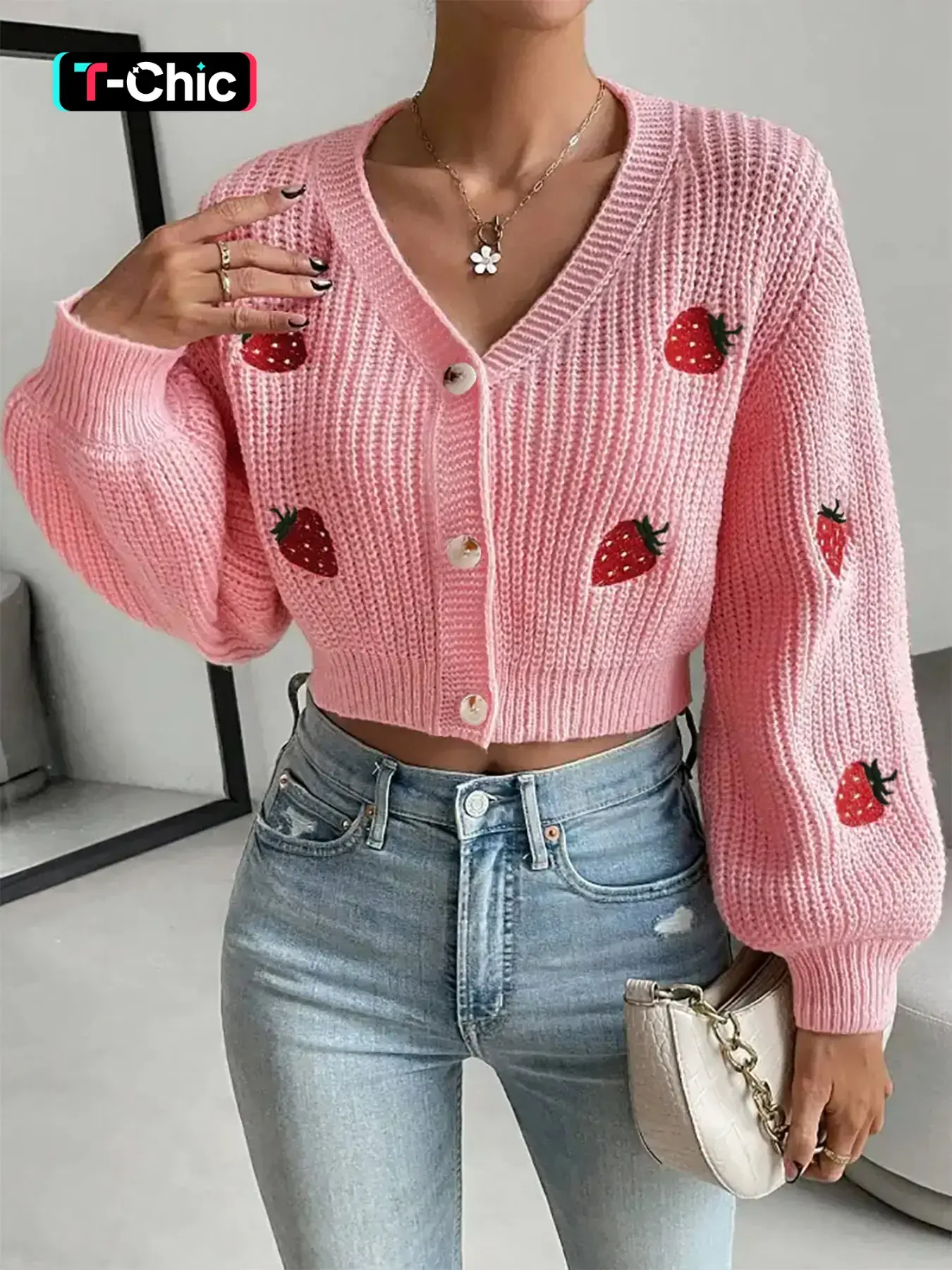 Women's Strawberry Embroidery Button Front Crop Cardigan, Casual Drop Shoulder Long Sleeve V Neck Knitwear Fit Medium for Fall & Winter, Fashion Ladies' Knitting Clothing Tops for Daily Wear, pink cardigan, Womenswear, Oversized, Baggy