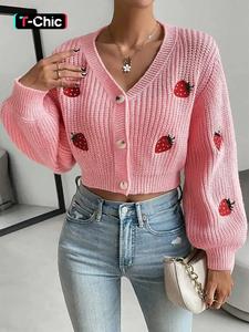 women's strawberry embroidery button front crop cardigan, casual drop shoulder long sleeve v neck knitwear for fall & winter, fashion ladies' knit clothing for daily wear，pink cardigan