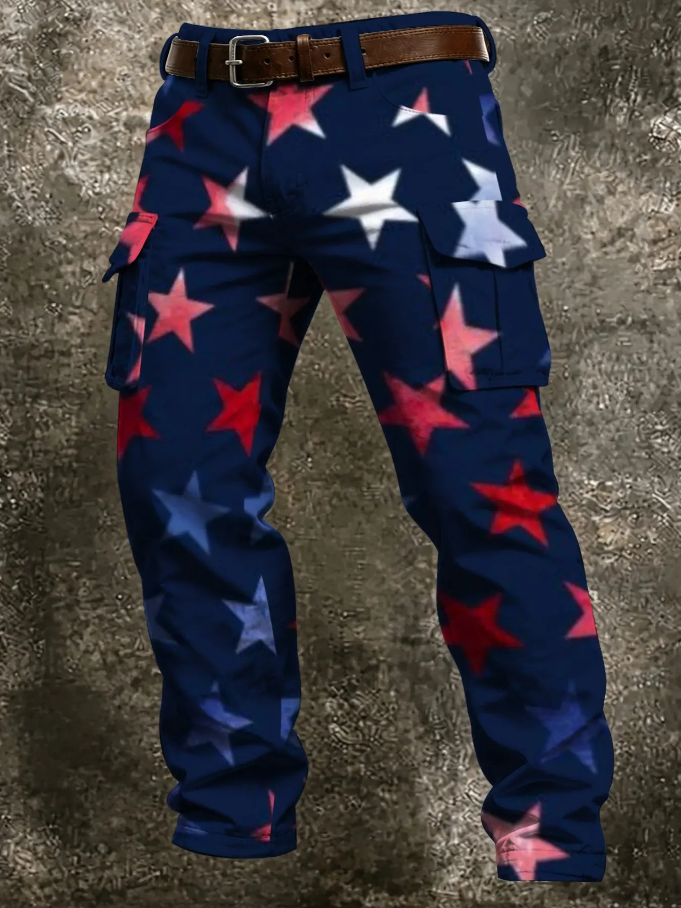 American Patriotic Gradient Star Cargo Pants, Independence Day Element Side Pockets, Casual Outdoor Trendy Long Pants