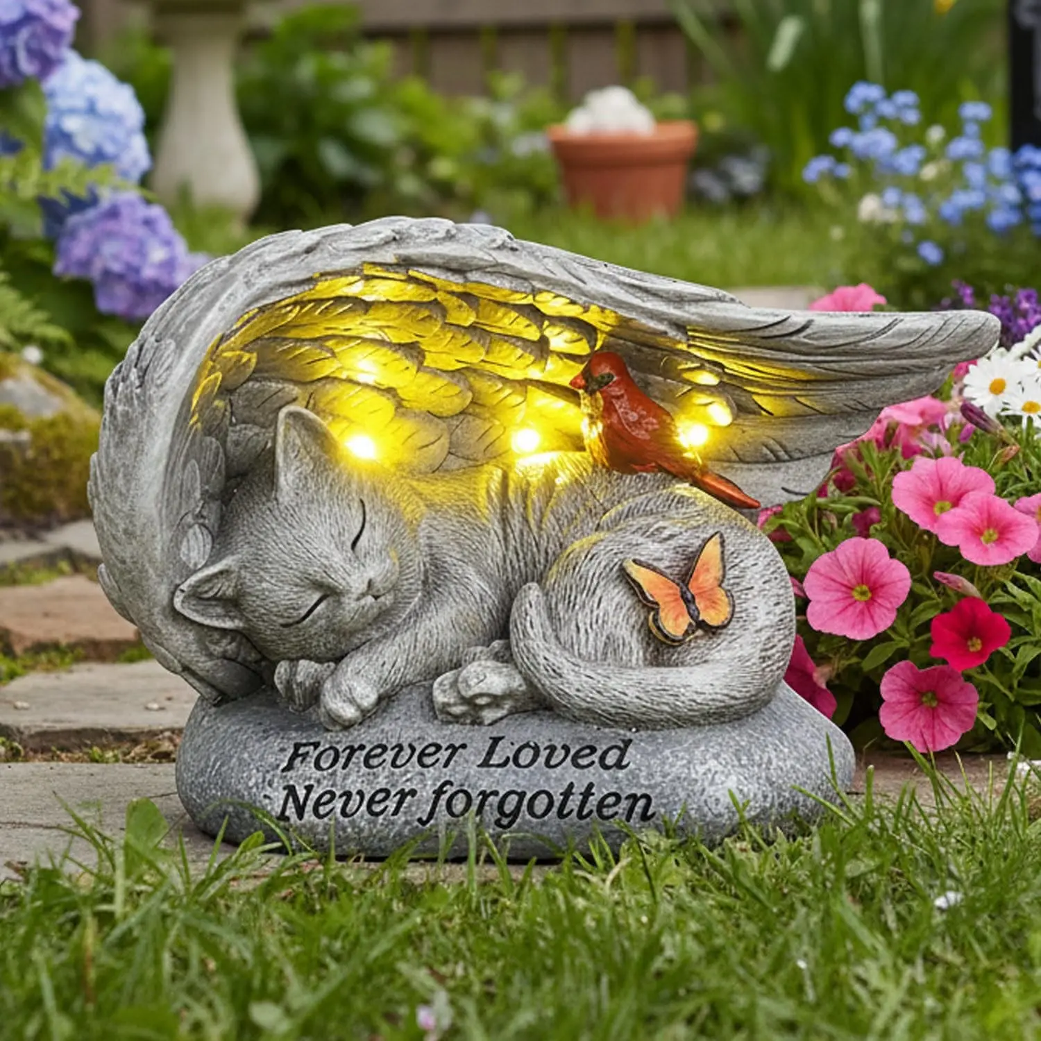 8-in Cat Memorial Stones with Solar Light Outdoor, Engraved Text, Angel Wing-Cardinal-Butterfly, Waterproof Sleeping Cat Grave Markers, Pet Loss Sympathy Gift for Garden or Tombstone Statue