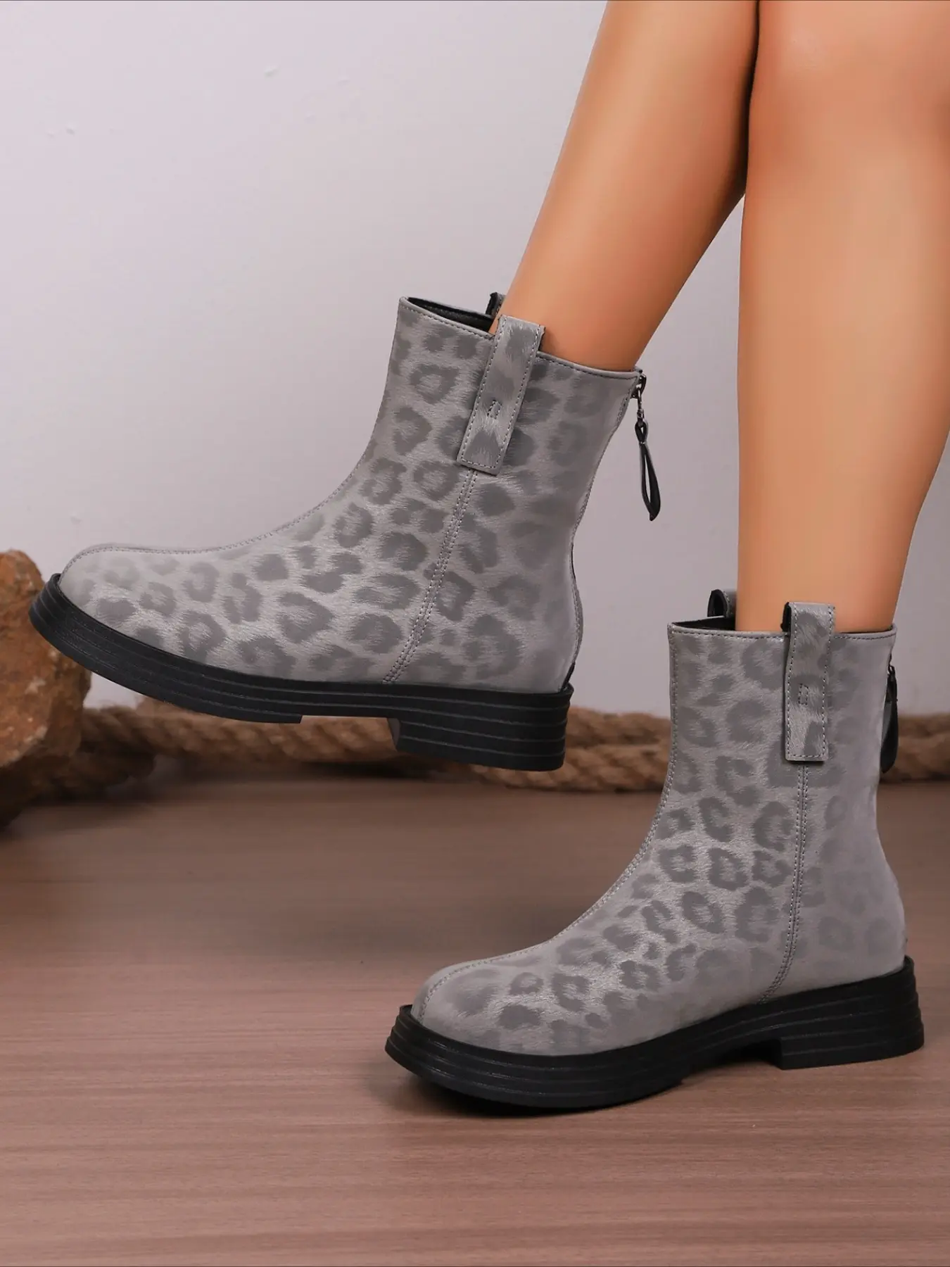 Leopard print side zipper ankle boots round toe thick platform three colors trendy for daily street outfits