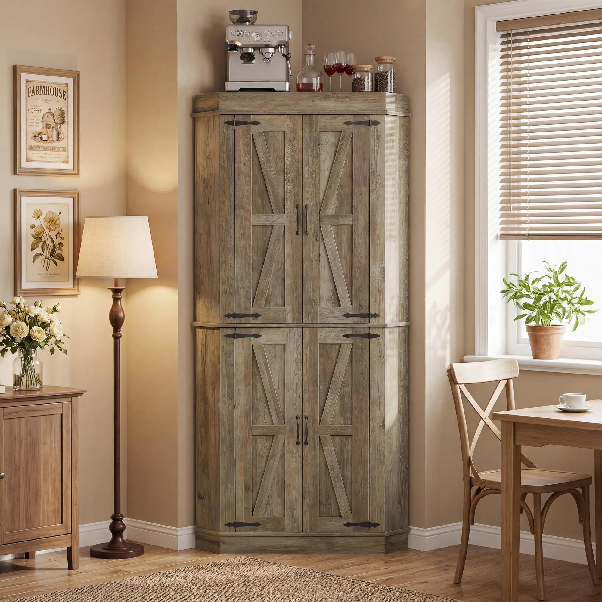Farmhouse 71"Tall Corner Bar Cabinet,Heavy Duty Corner Kitchen Pantry Cabinet with 4 Doors&Shelves,Freestanding L Shape Buffet Hutch with Side Rack for Dining Room/Living Room/Apartment