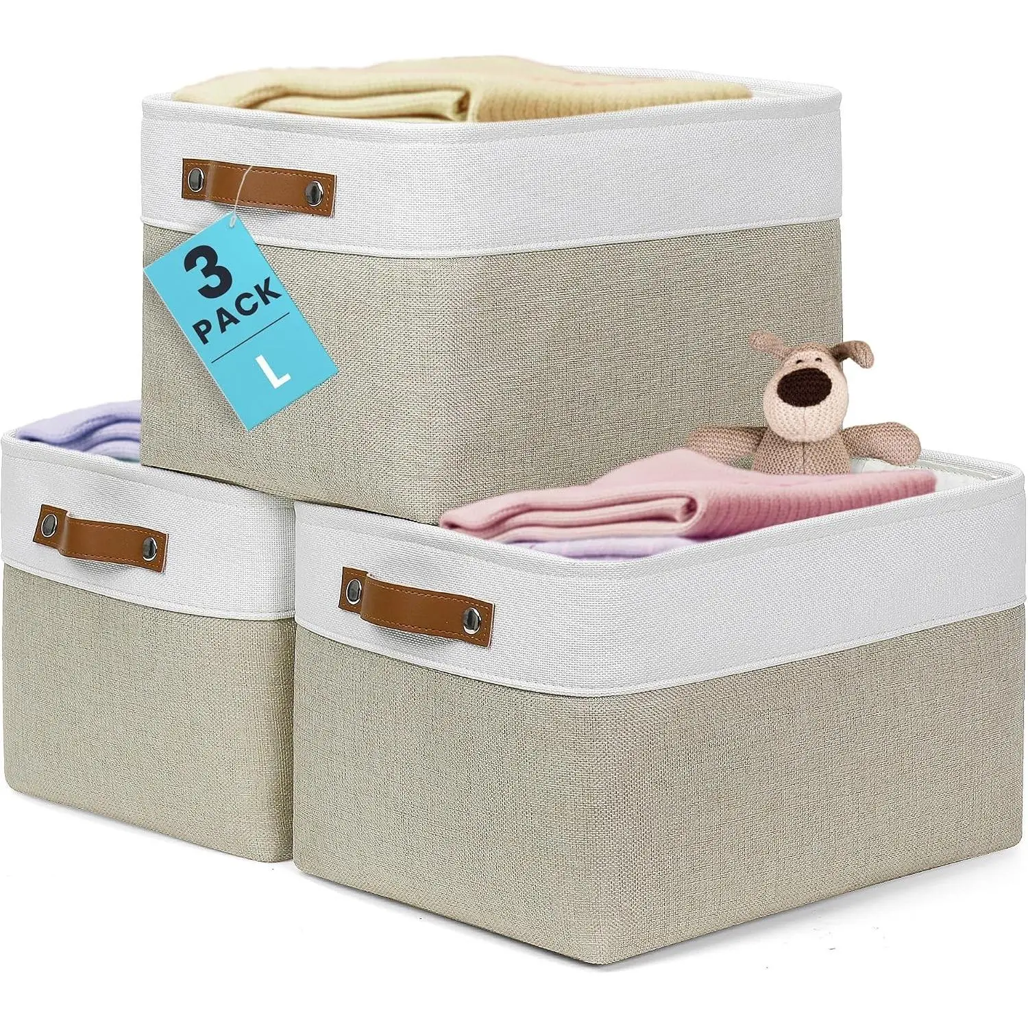 15x11in Canvas Storage Baskets 3 Pack | LARGE Fabric Bins for Shelves | Closet & Bedroom Storage | Beige/Off-White