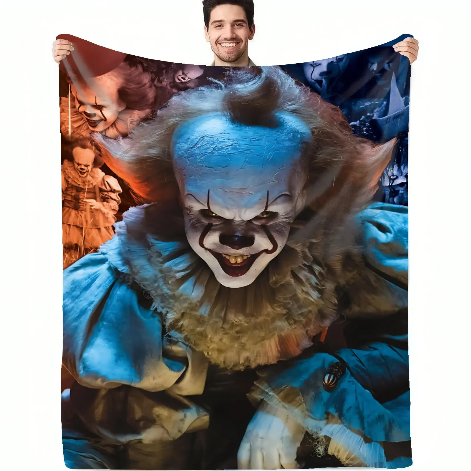 WB Pennywise Large Portrait Flannel Throw Blanket, IT Horror Movie Cool Tone Gradient Blanket, Scary Clown Fan Couch Bed Decor, Halloween Birthday Gift for Horror Film Enthusiasts