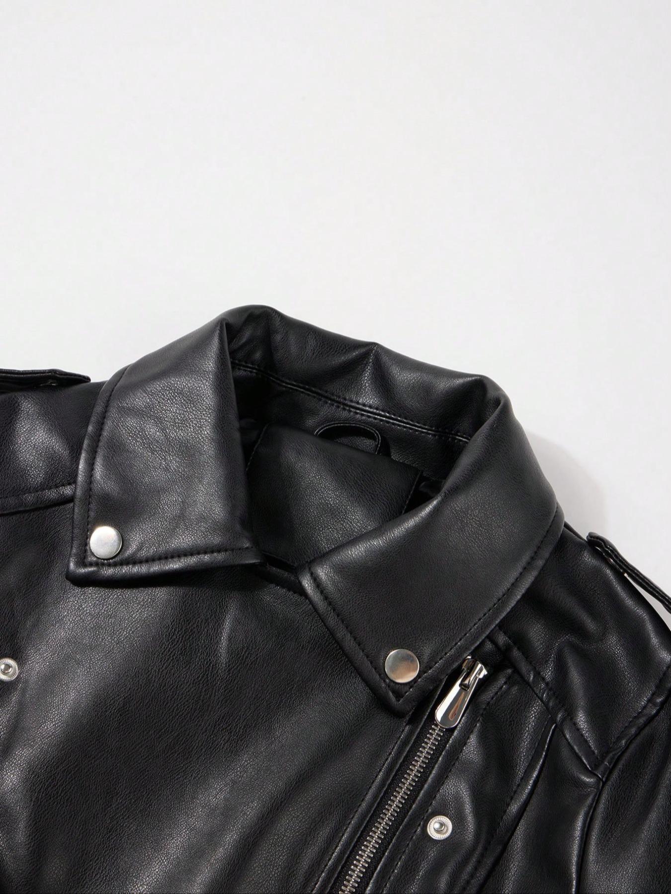 Women's Spring Jacket Vintage Street PU Coat, Fall Winter Casual Faux Leather Stand Collar Zipper Short Fitted Motorcycle Jacket with Belt