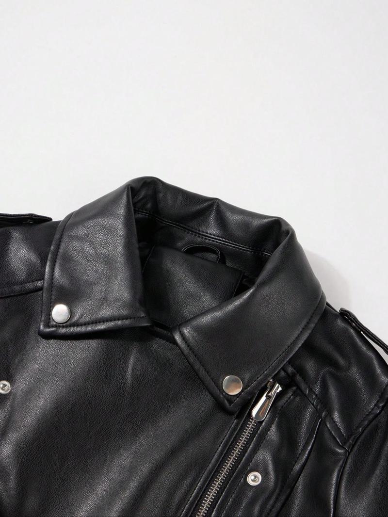 Women's Spring Jacket Vintage Street PU Coat, Fall Winter Casual Faux Leather Stand Collar Zipper Short Motorcycle Jacket with Belt