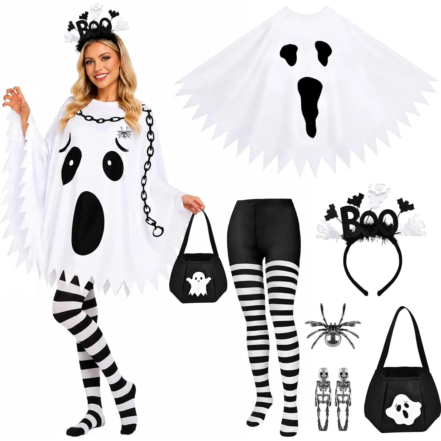 6 PCS Halloween Costume Set for Women Adult, Perfect for Halloween| All-in-One Halloween Costume Set with Double-Sided Poncho, Striped Tights, Candy Bag, Earrings & Brooch for Halloween Cosplay