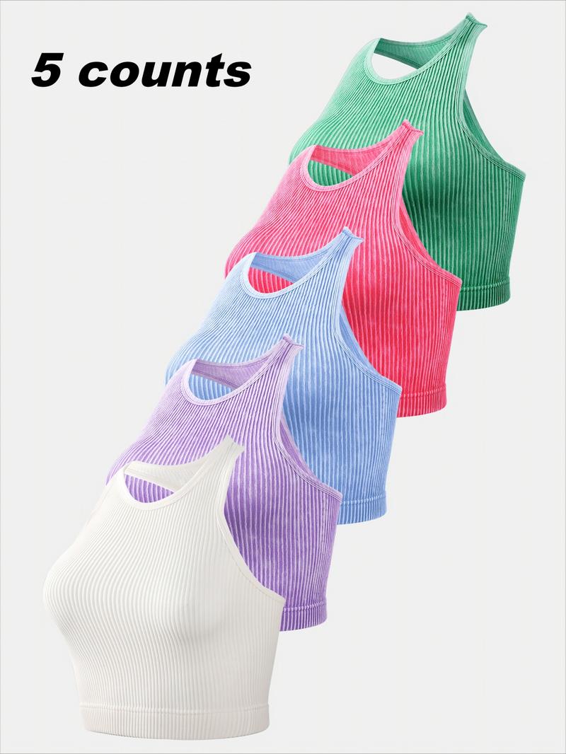 Women's Solid Racerback Sports Tank Top, Breathable Workout Tops, Casual Sleeveless Round Neck Top for Yoga Gym Workout Running, Ladies Sportswear for Spring & Fall