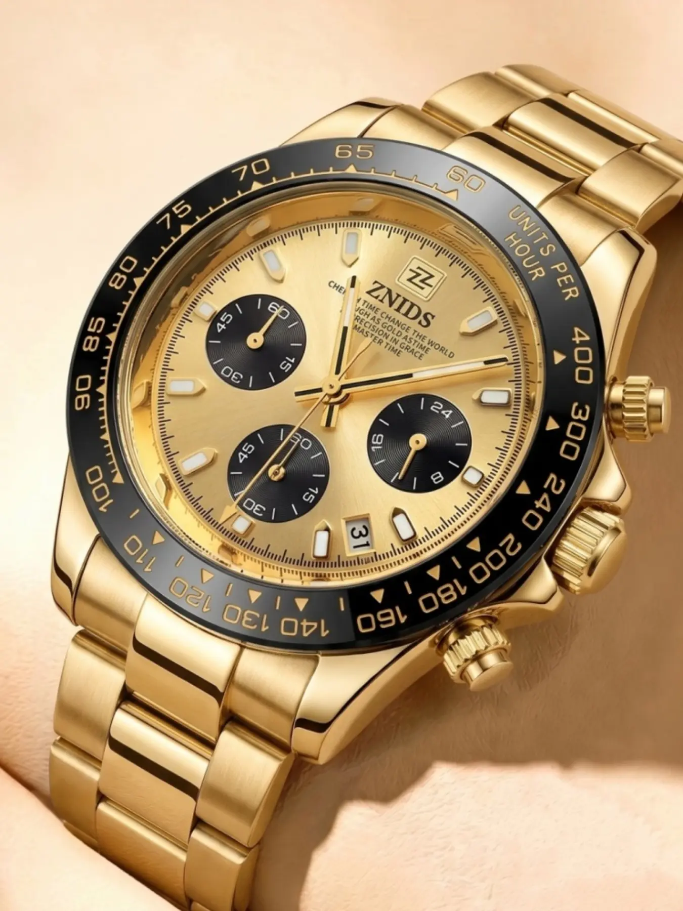 Men's Daytona Style Racing Quartz Analog Wristwatch, Panda Dial, Ceramic Bezel, Stainless Steel Strap, Luminous, Waterproof, Business Sport Watch