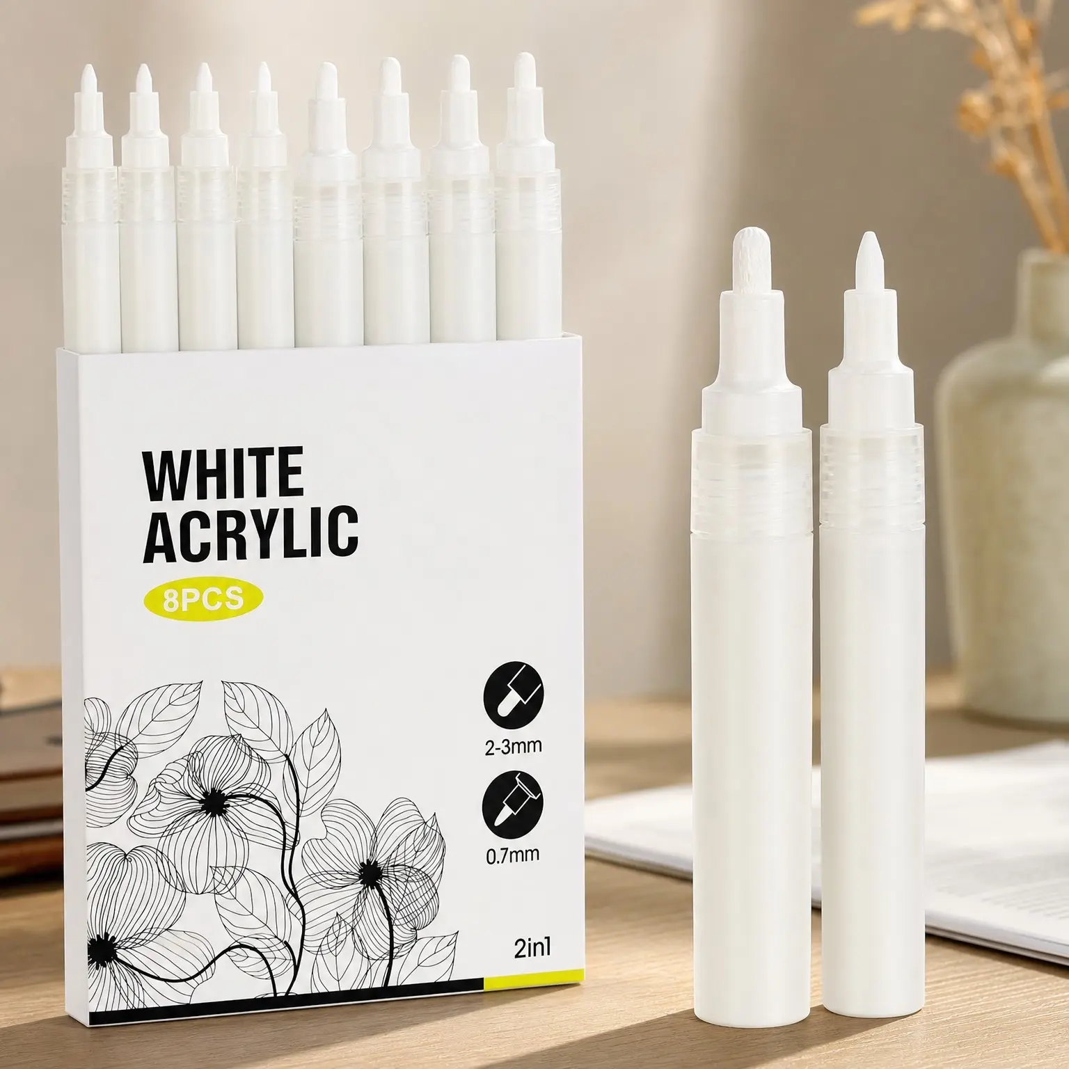 8 Pack Acrylic White Paint Pens with 2-3mm Medium & 0.7mm Extra Fine Tips - Waterproof Permanent White Paint Markers for Rock Painting, Wood, Metal, Fabric, Plastic, Canvas, Glass, Ceramic, DIY Crafts, High Coverage