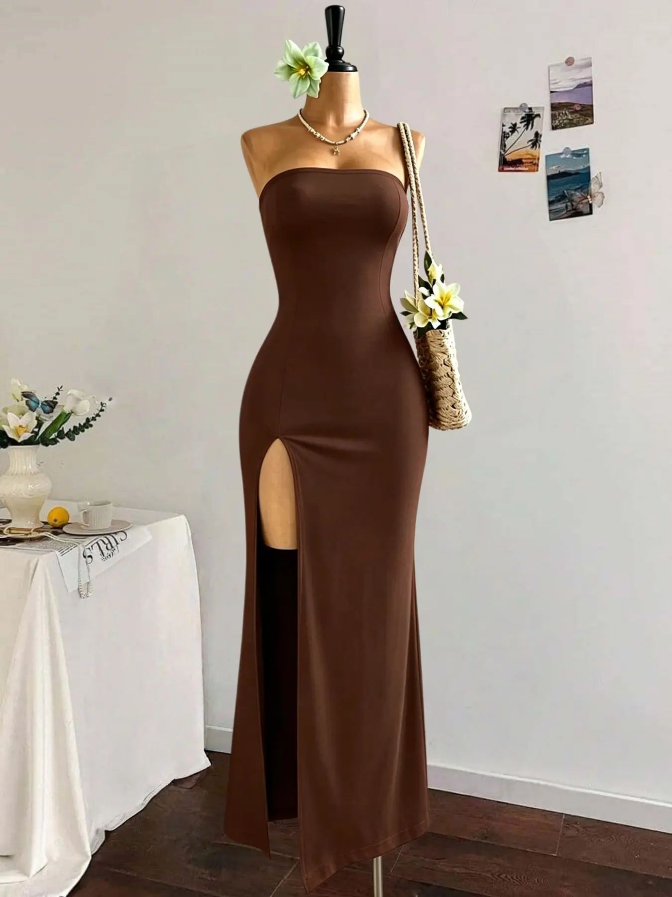Elegant Strapless Split Dress for Women, Slim Fit Solid Color Stretchy Long Gown, Evening Glam Gown, Chic Evening Party Dress, All Seasons Wear