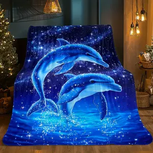 1pc Dolphins Leaping Under Starry Night Sky Blanket-Lightweight Flannel Home Furnishings Bedding Blanket Suitable for Sofas Beds Travel Camping Living Rooms Offices Sofas Chairs And Beds-Soft And Warm Flannel Fabric Digital Printed Blanket