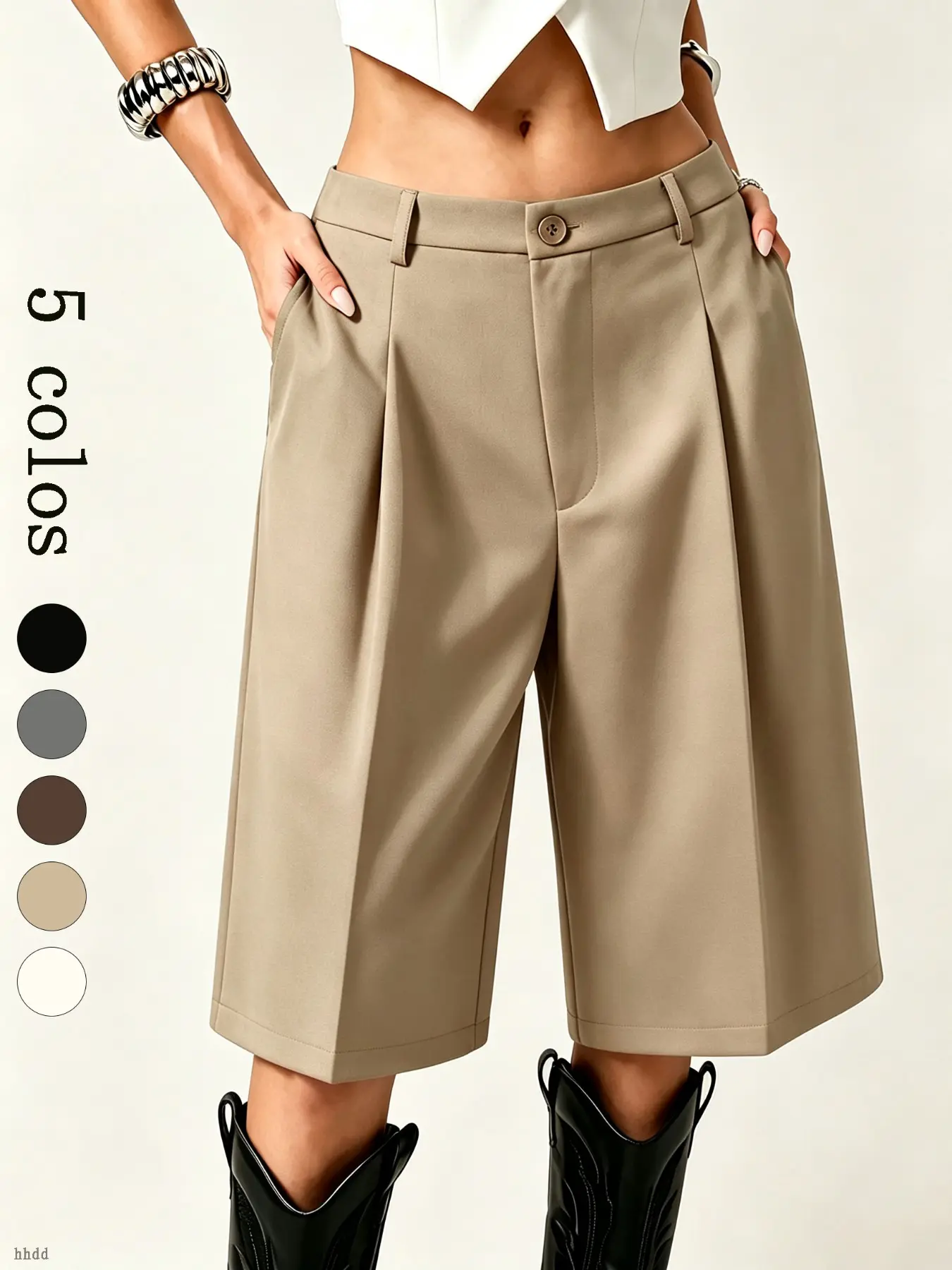 Elegant High-Waisted Pleated Knee-Length Suit Shorts for Women, Loose Straight Fit Formal Shorts, Chic Home Style, Casual Daily Wear