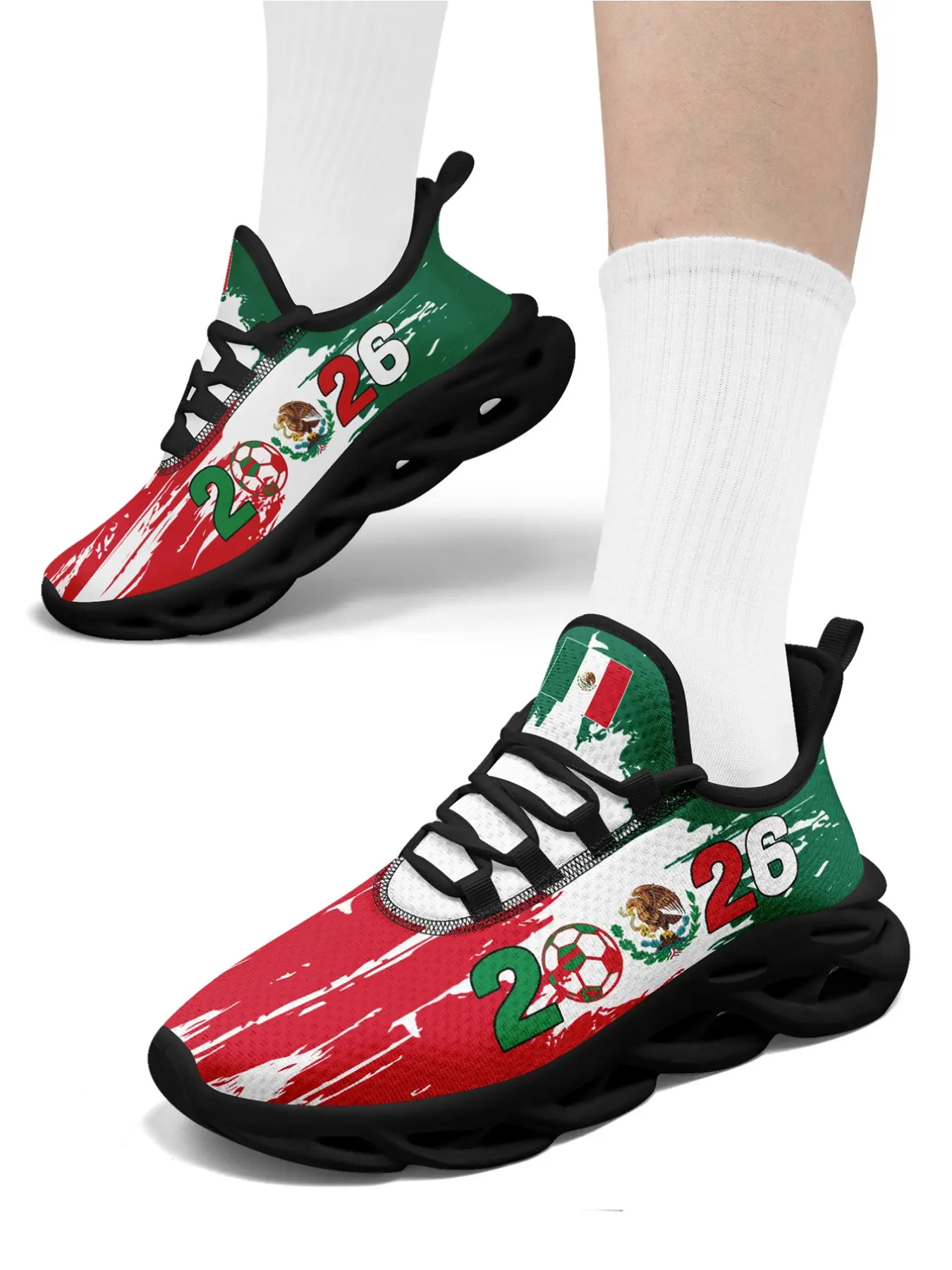 Men's Mexico 2026 Soccer Print Lace-Up Low Top Sports Shoes, Classic Lightweight Graphic Print Sneakers, Comfortable Running Shoes, Walking Shoes, Breathable Plus Size
