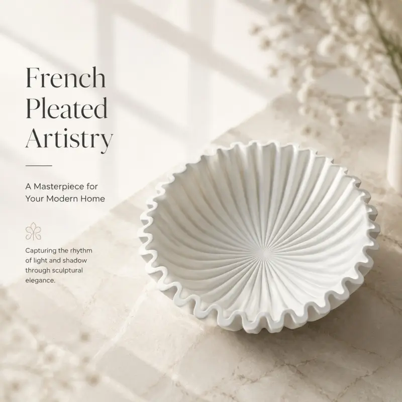 Artistic Pleated Decorative Bowl, French modern minimalist style. Ideal for decorations on coffee tables and entryway tables, featuring sculptural elegance to catch flowing light and shadow.