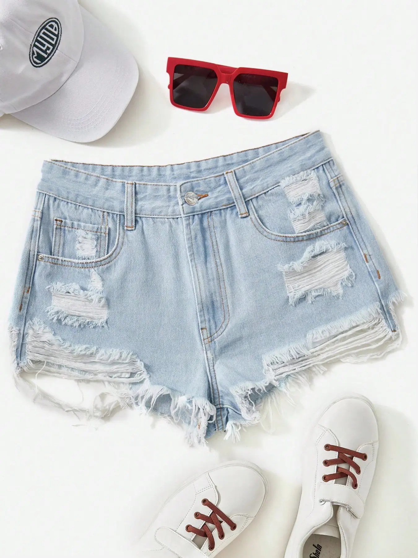 Small Size Light Color Distressed Frayed Edge Loose High-Waisted Women's Denim Jean Shorts, Bottom, Casual Slim-Fitting All-Seasons Clothing, Casual Summer Shorts