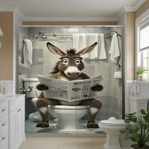 72*72inches Funny Donkey Reading Newspaper on Toilet Shower Curtain Whimsical Bathroom Decor with Hooks No-Drill Installation