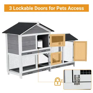 2-Tier Wooden Small Animal Hutch for Indoor/Outdoor - Leak-Proof Removable Trays, Waterproof Roof - Ideal Rabbit Cage/Chicken Coop - Black and White