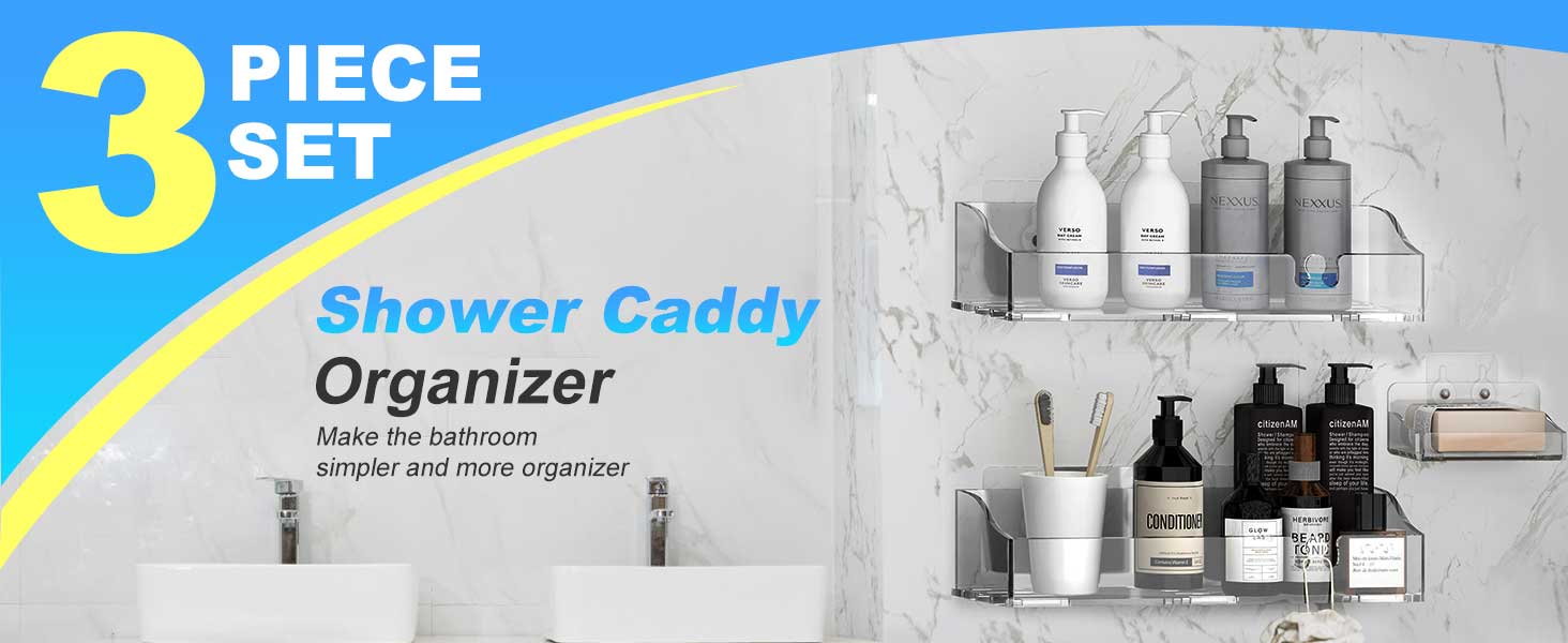 Acrylic Shower Shelves 3 Pack, Clear Adhesive Shower Organizer - No-Drill Wall Mount Storage Rack, Versatile Caddy for Bathroom & Kitchen (Transparent)