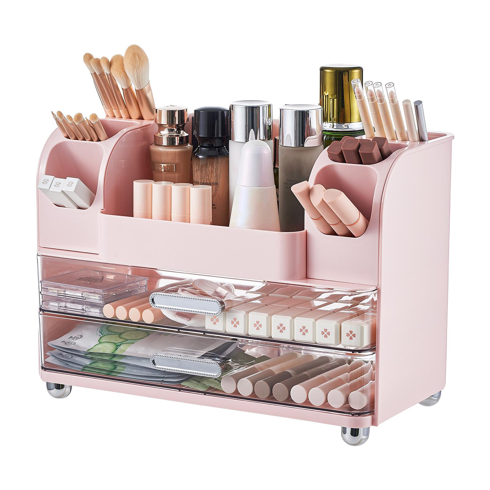 makeup organizer for Vanity with 2 Large Drawers, Cosmetic Display Case with Brush Holders, Easy to Storage for Bathroom Countertop Skincare, Desk Office Supplies,Pink Boxes Gift, jewelry organizer