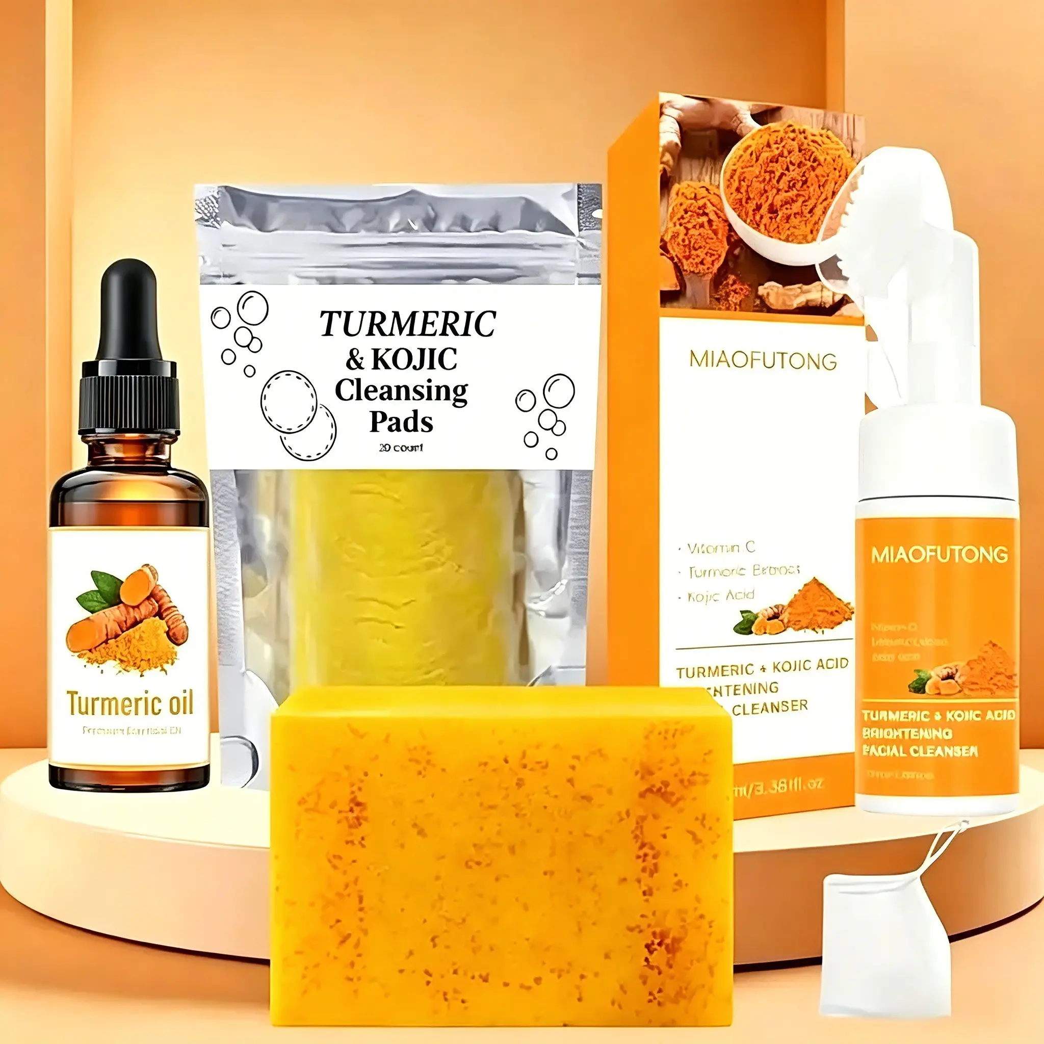 Turmeric Cleansing Set, Deep-Cleansing Turmeric Soap, Facial Cleansing Pads, Face Wash & Oil, Pore Cleanser, Exfoliating Cleanser, Turmeric Foaming Cleanser, Facial Foam Wash Rejuvenating Sets, Kit, Cleansing Bundle