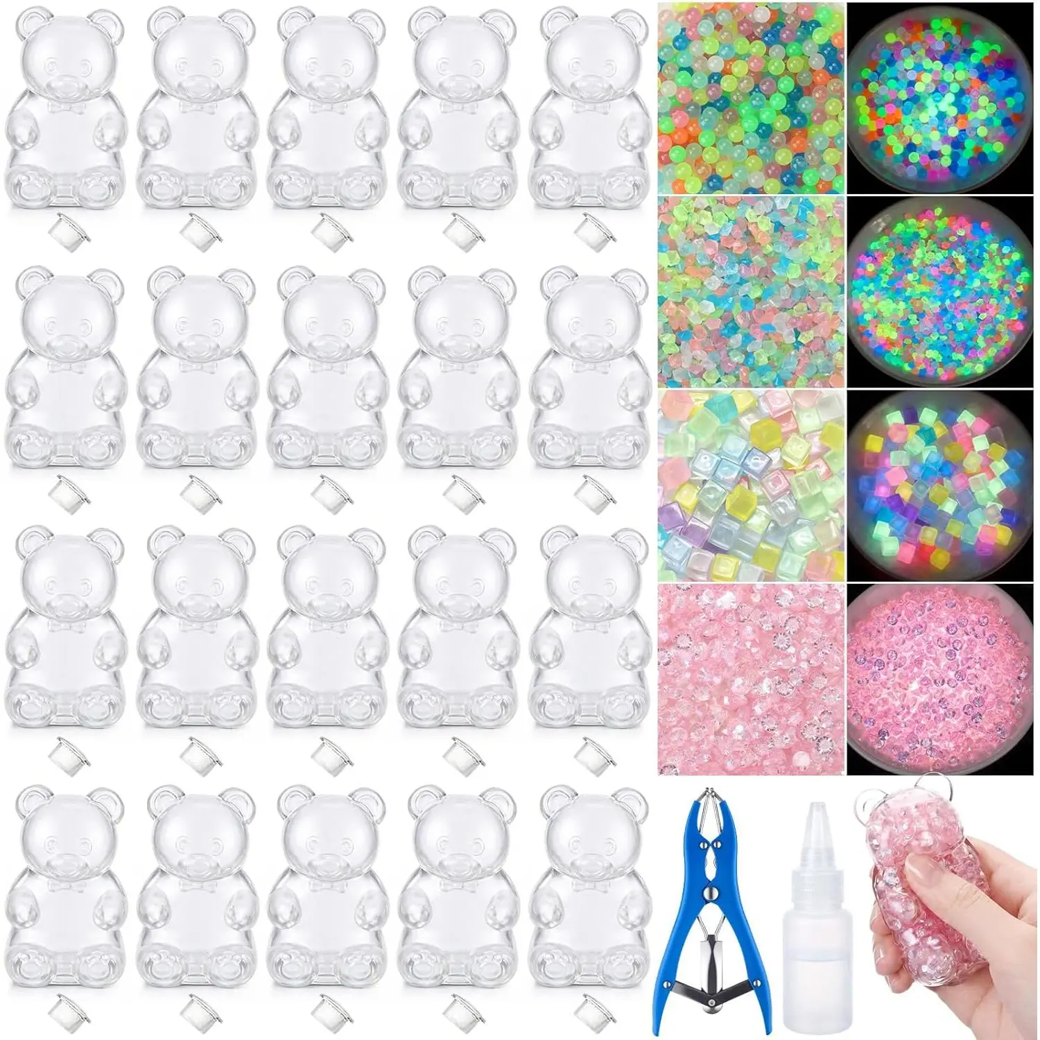 20 Set DIY Stress Ball Making Kit Glowing Squeeze Ball DIY Kit with Blank Skins Glowing Fill Beads Expander Tool Cap Glue for Make Squeeze Balls(Bear)