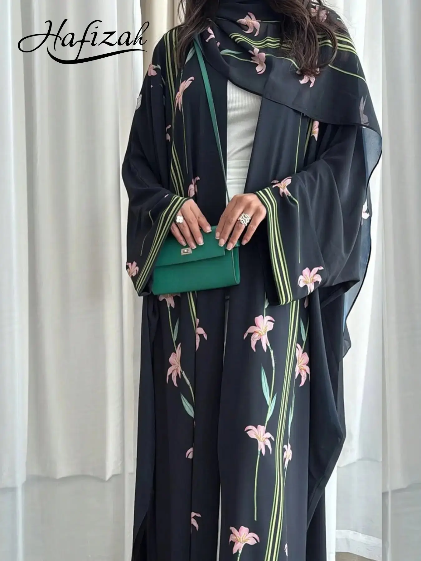 Lily Flower Stripe Printed Long Cardigan Scarf Set, Lightweight Chiffon Loose Fit Casual Women's Outerwear, All Seasons Fashion