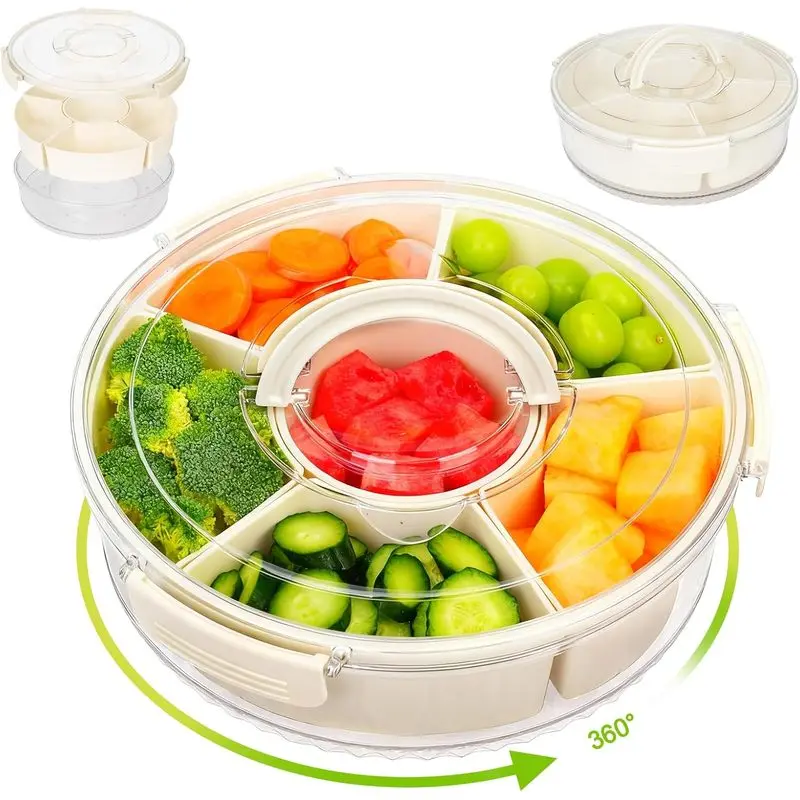Rotating Divided Snack Tray with Lid and Handle, 6-Compartment 12-Inch Serving Tray for Fruits, Veggies, Candy, Cheese, Picnic and Parties,Kraft
