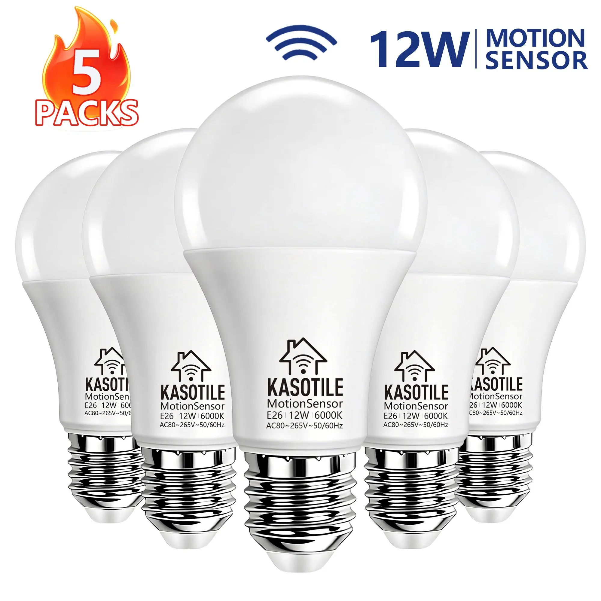 Kasotile Smart Motion Sensor LED Bulb 12w Equivalent to 100w, E26/e27 Base, Auto Switch, Ideal for Hallway, Basement, Porch Lighting