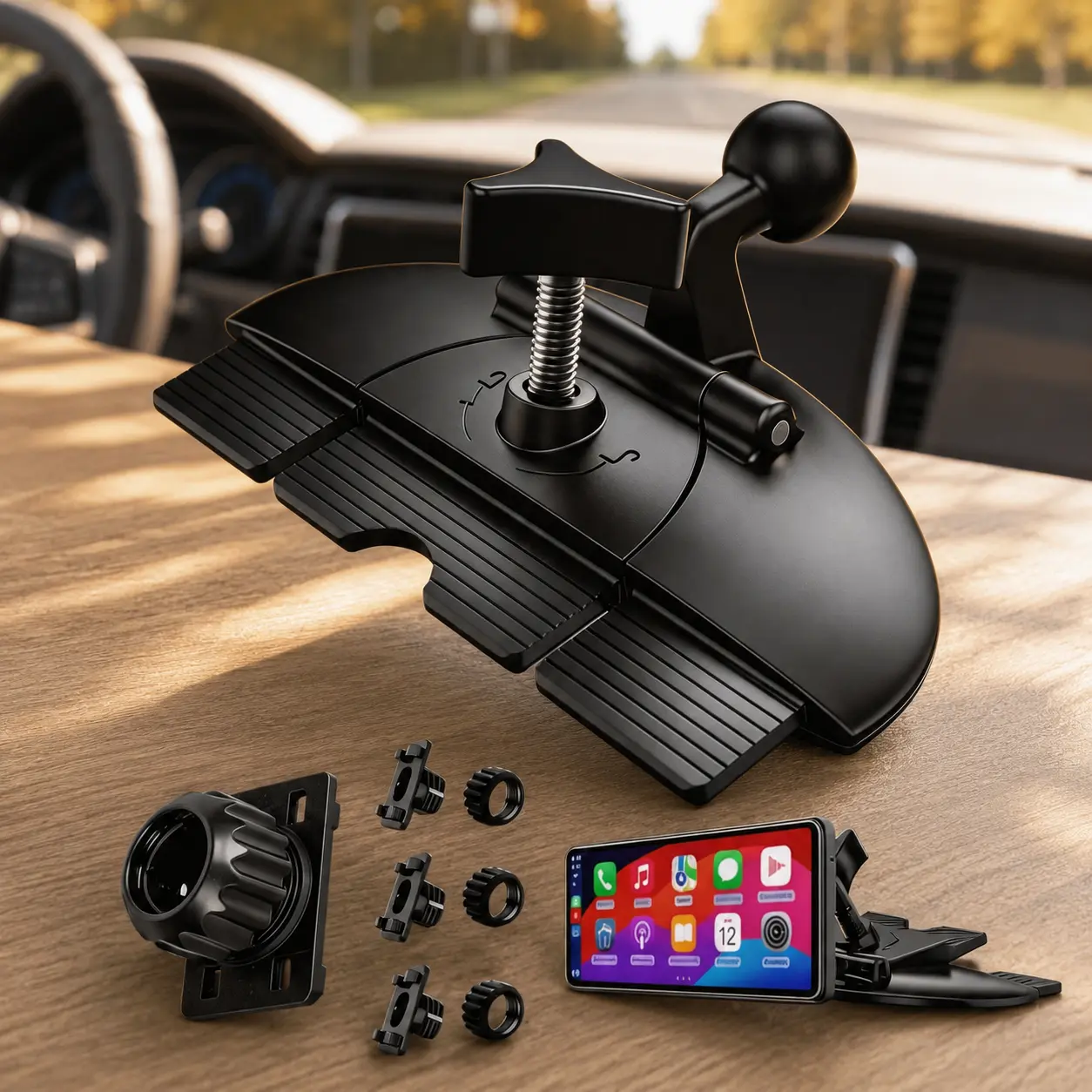 CD Slot Car Mount Holder for Dashboard Screen 360 Degree Rotating Phone and GPS Holder with 4 Button Lock System Compatible with Car Display Navigation Devices