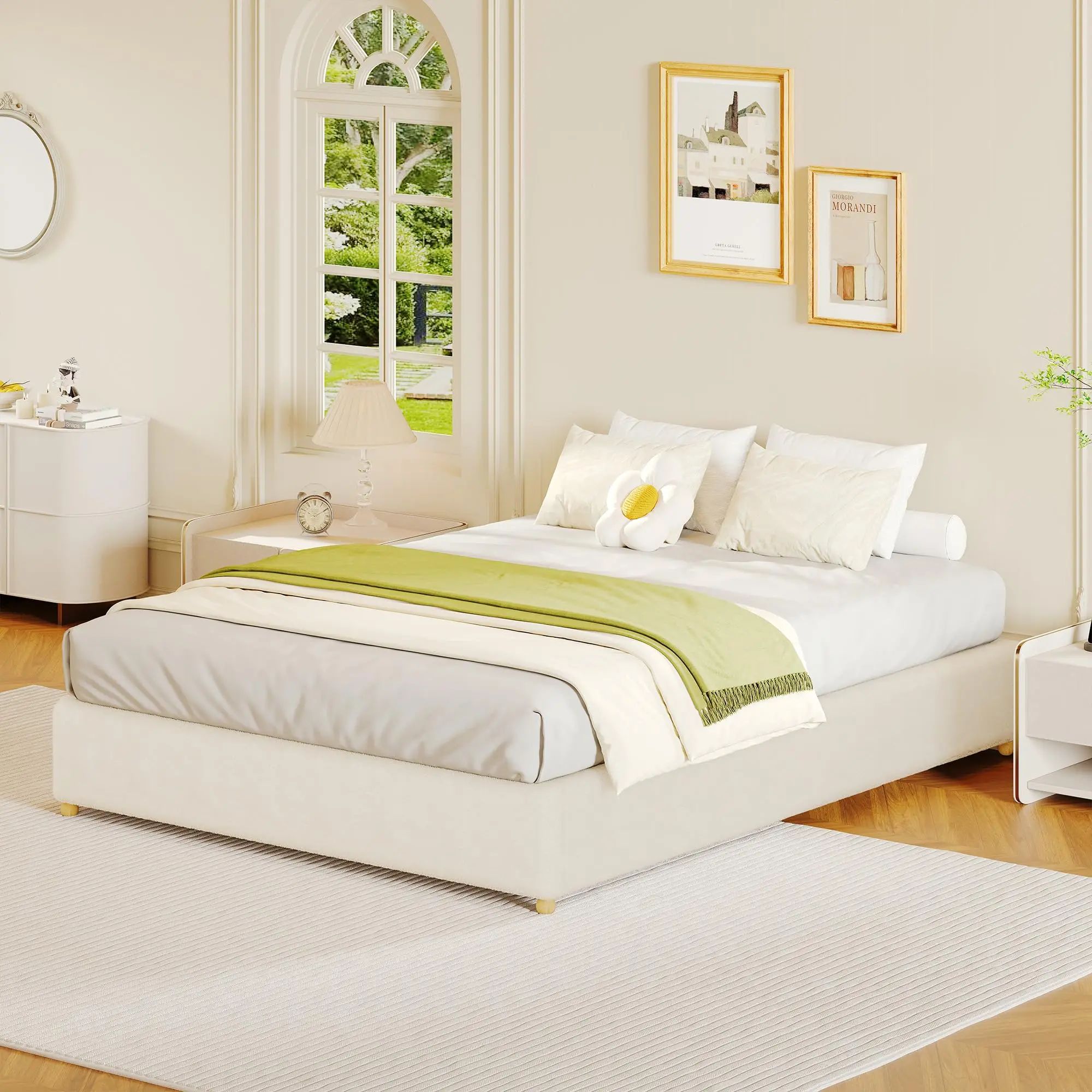 Garvee Twin Size Cloud Bed FrameTeddy Fleece Low Bed Frame Without Headboard, Thick Boucle Fabric Upholstered Platform Bed, Solid Wood Legs, No Box Spring Needed, Never Squeak, Easy Assembly, Cream